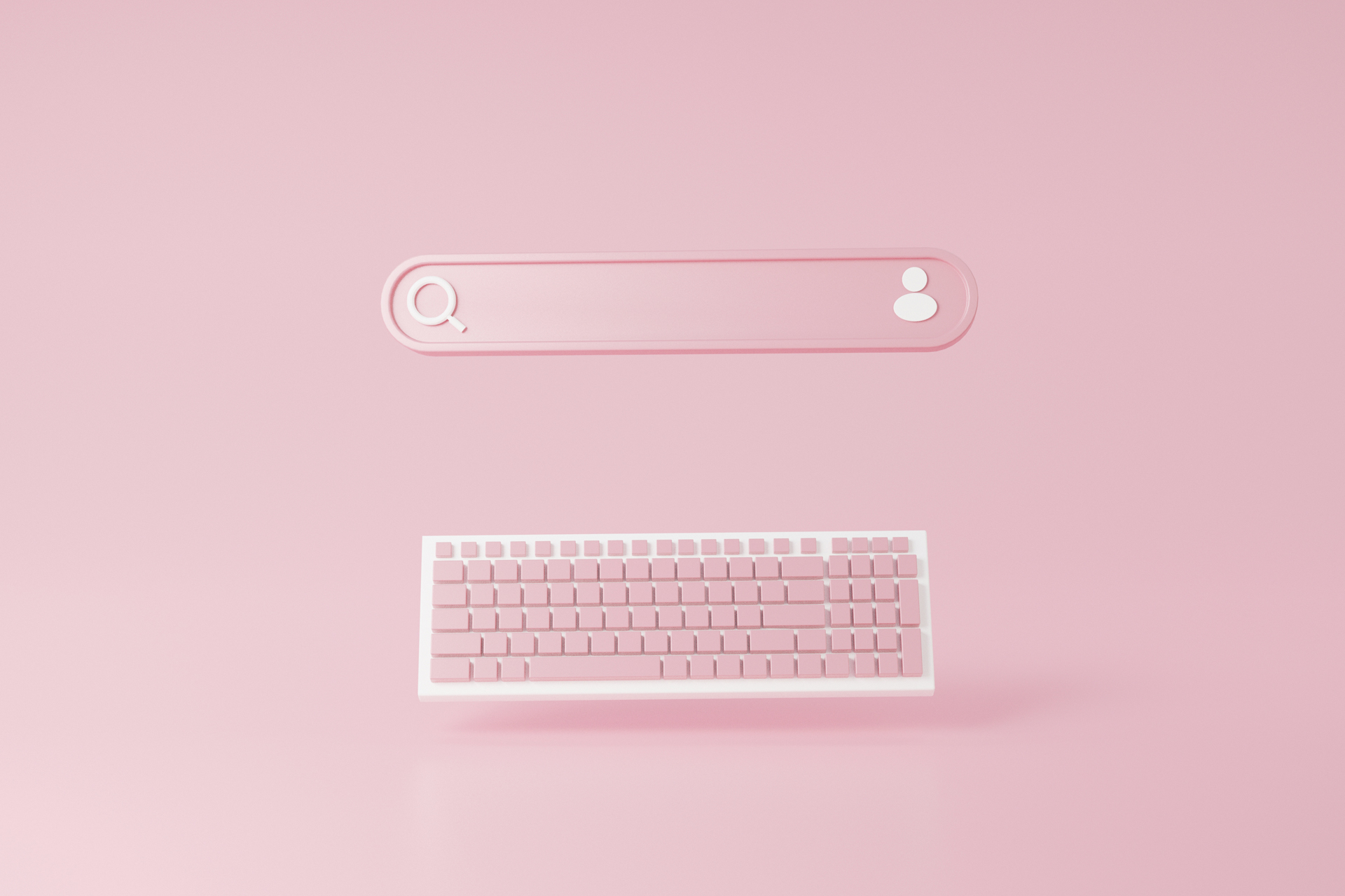 Image of a keyboard and a search bar on a pale pink background