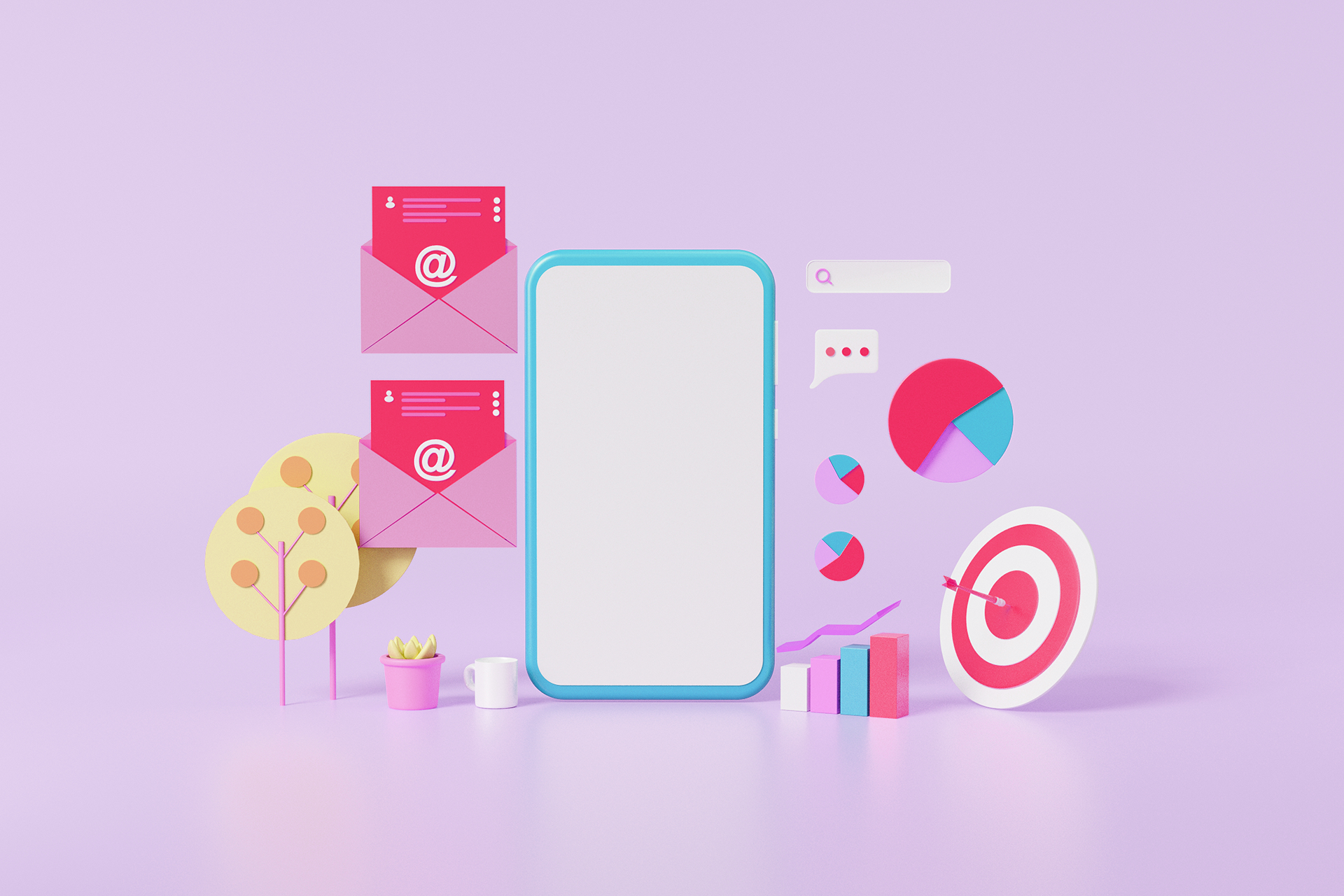 A mobile phone surrounded by icons like a pie chart, bar graph, and arrow hitting a bullseye for a blog about the best content marketing tools.