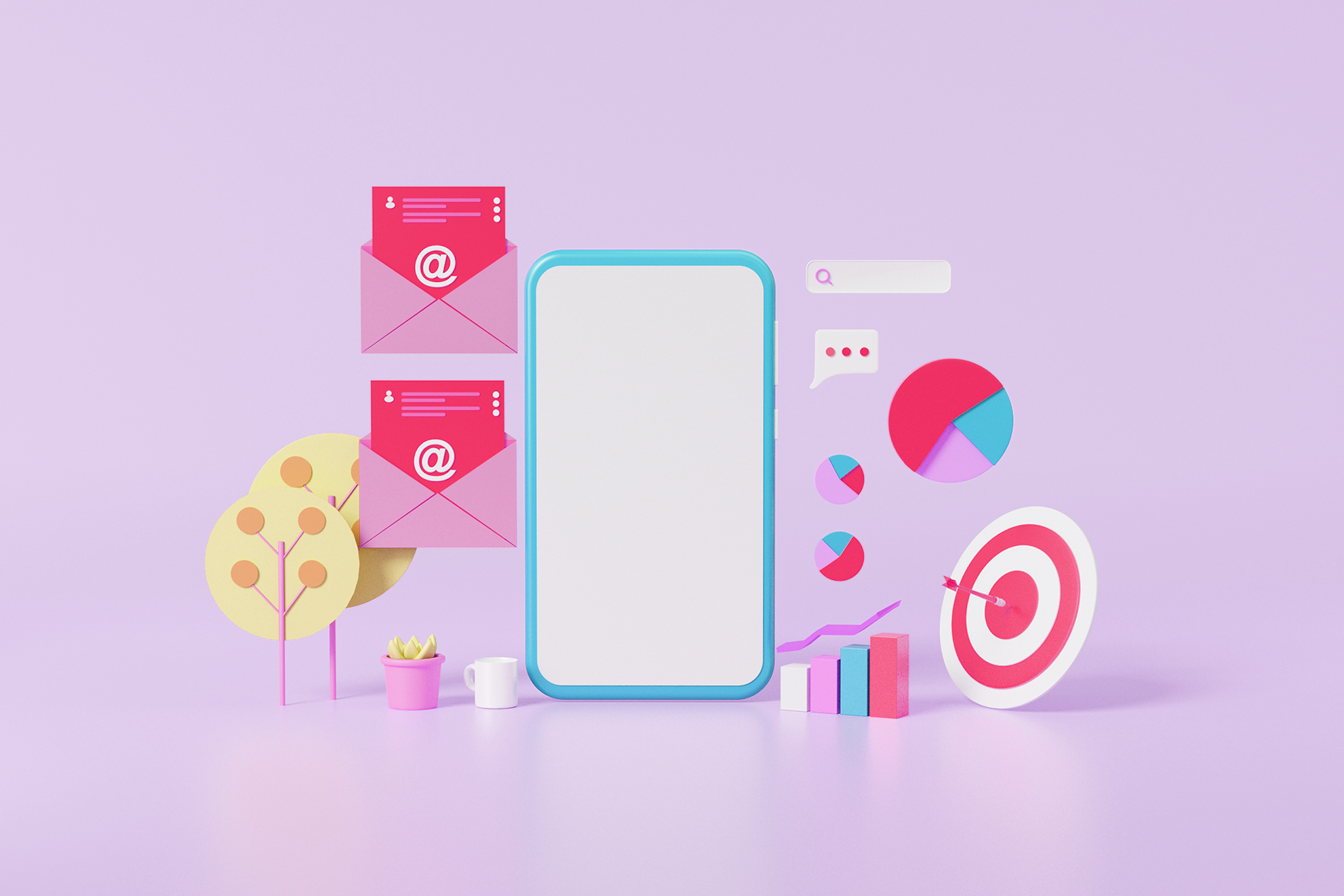 Ein Handy umgeben von Icons, wie ein Kuchendiagramm und Briefumschlägen für einen Blogpost über die besten Content Marketing Tools 2024.