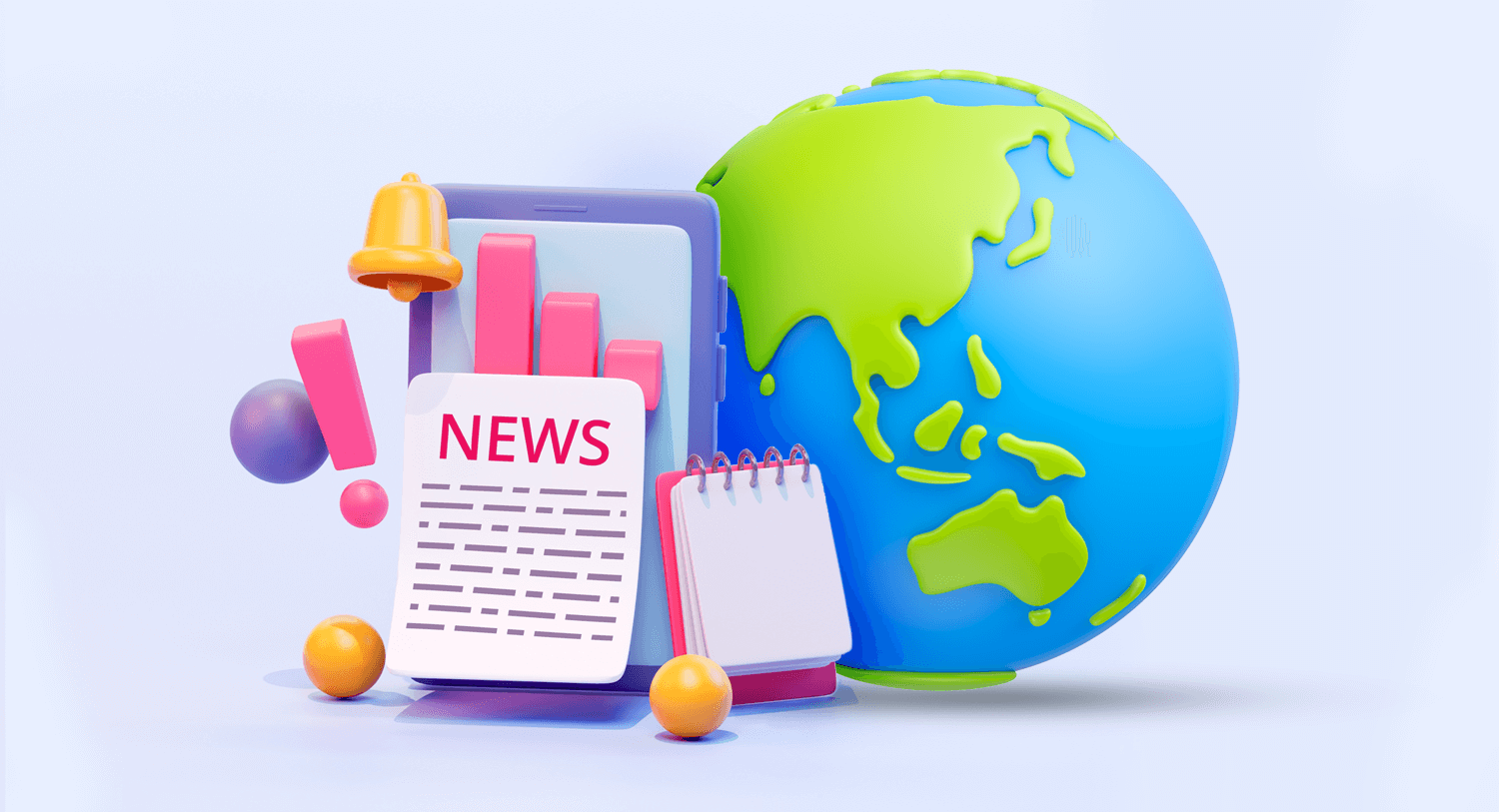 Illustration showing a bar graph and bell notification symbol next to a notepad and globe showing Asia Pacific region. Top Asian News Channels and Websites to follow blog post