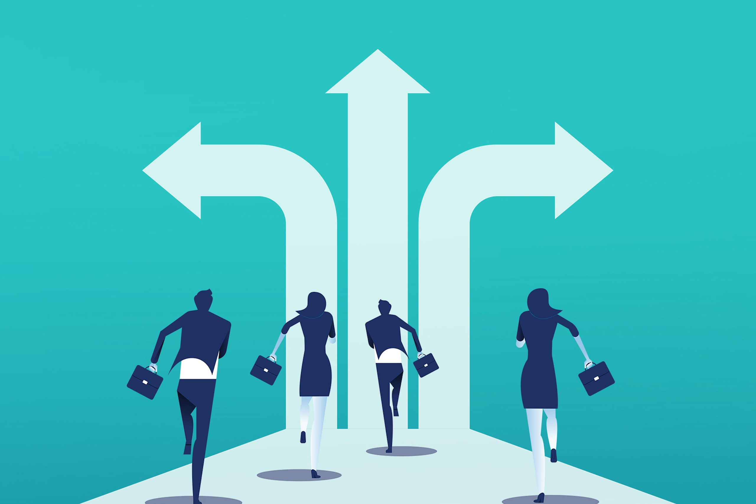 Illustration showing four business-people running on a runway toward three different arrow pointing in different directions