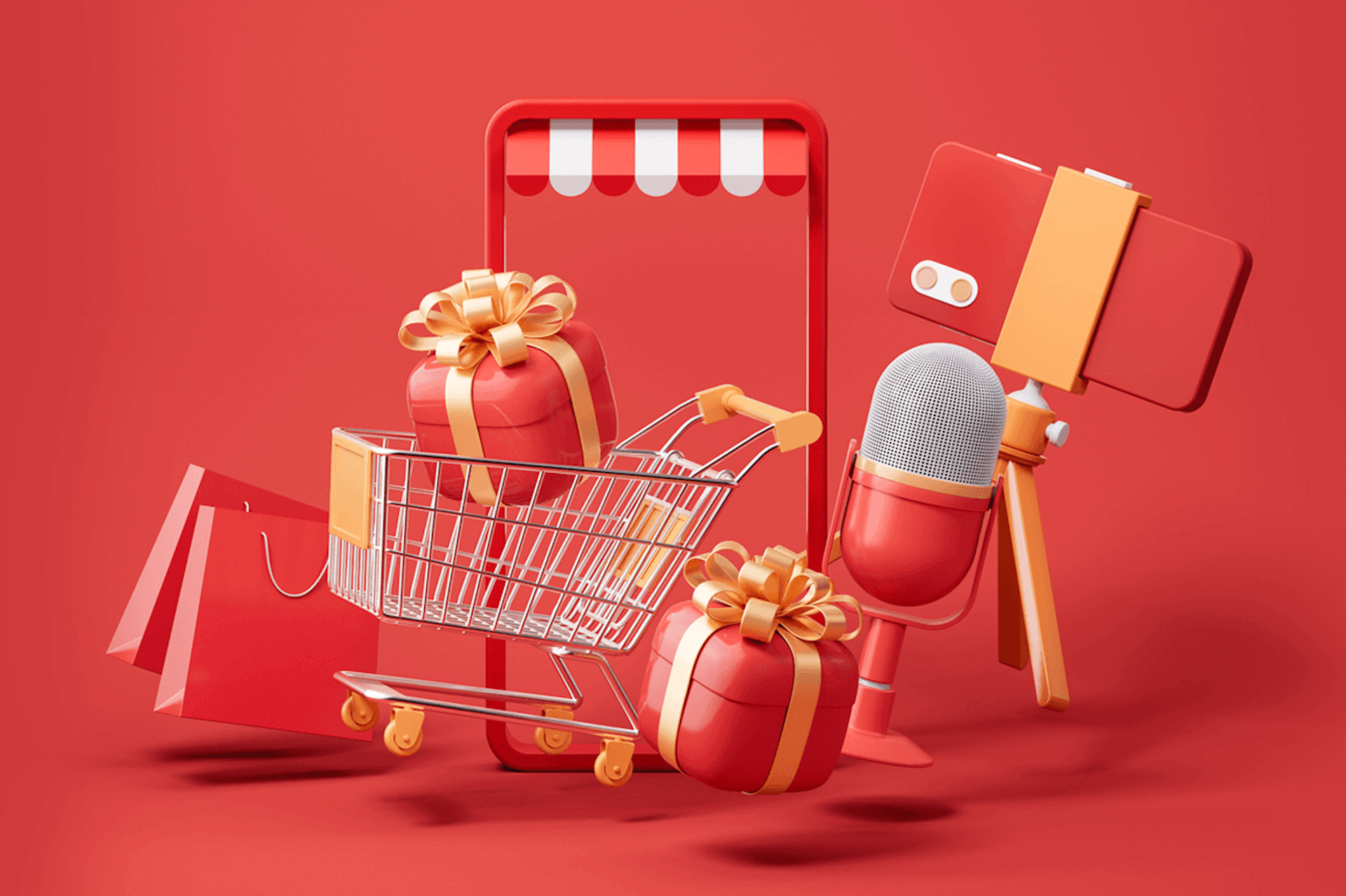 Image showing a shopping cart surrounded by wrapped gifts and shopping bags, next to a podcast microphone and phone in a tripod, on a dark red background. Retail podcasts blog post.