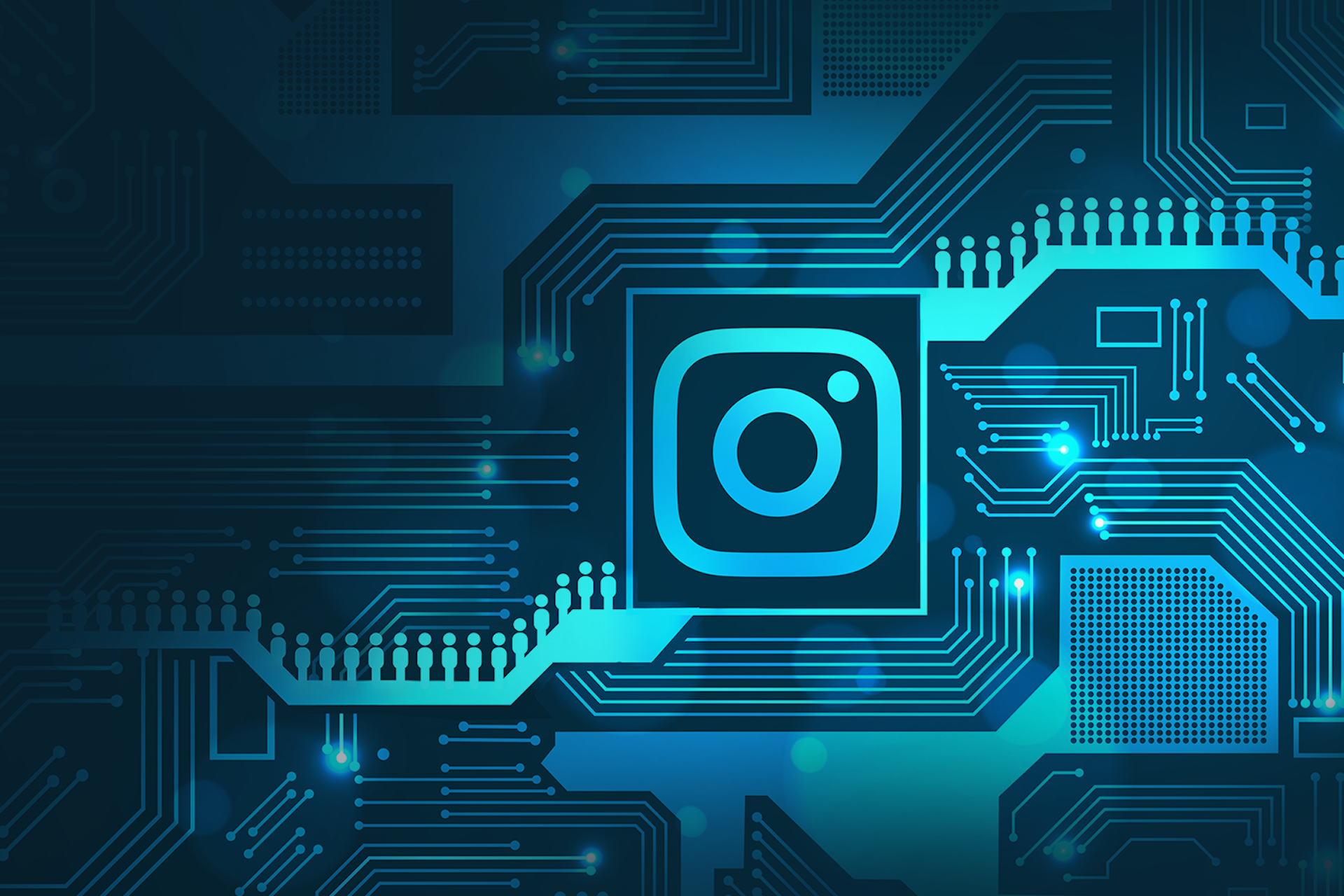 Abstract motherboard graphic with Instagram logo and rows of people.