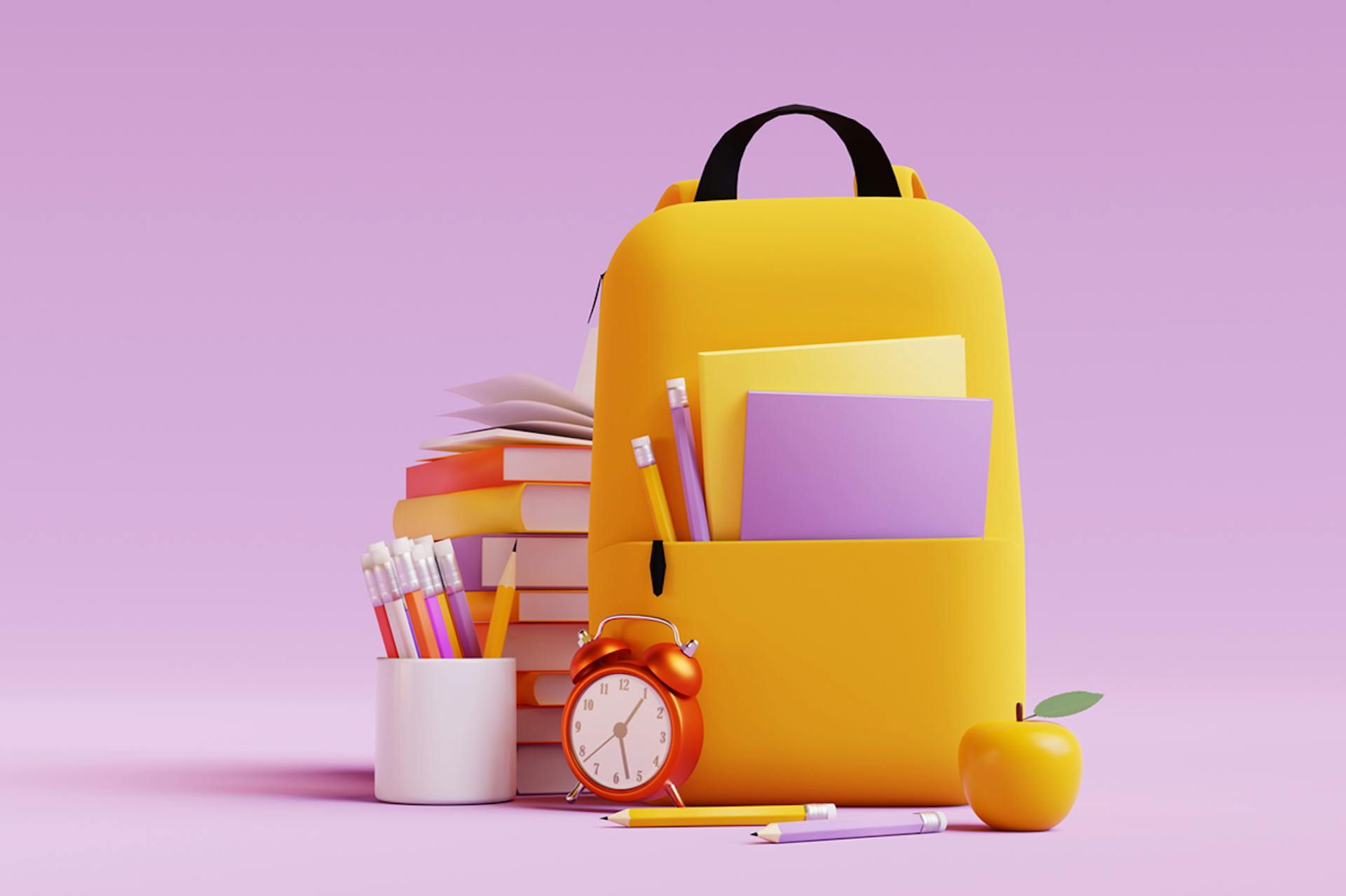 Back-to-school supplies, including a backpack, books, and pencils, against a pink background.