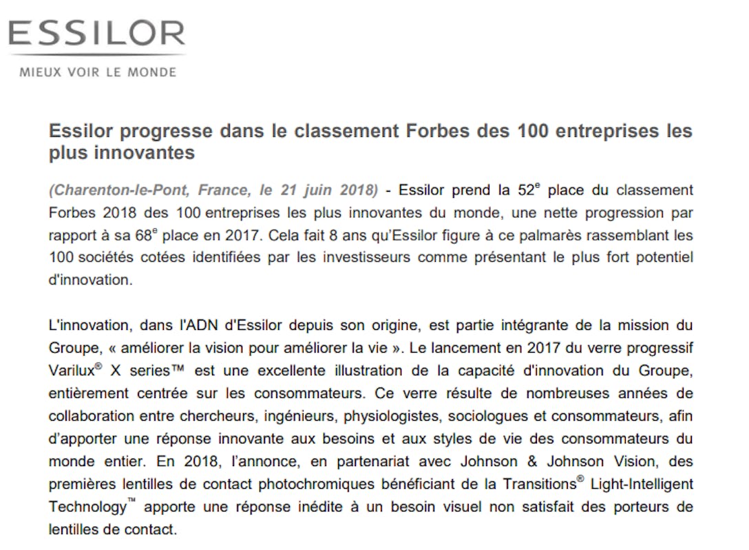 exemple de communiqué de presse essilor