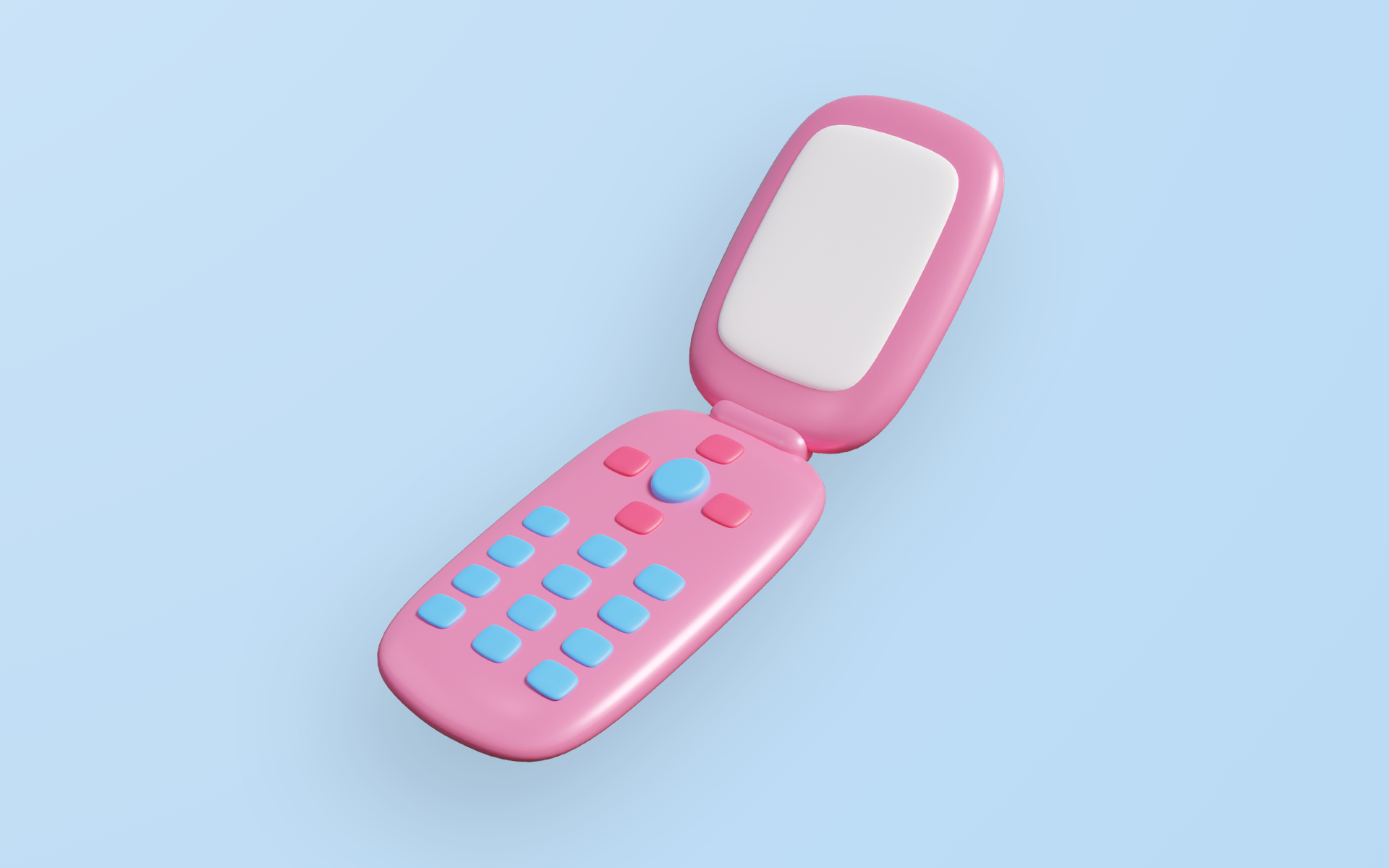 A pink flip phone with blue buttons against a blue background