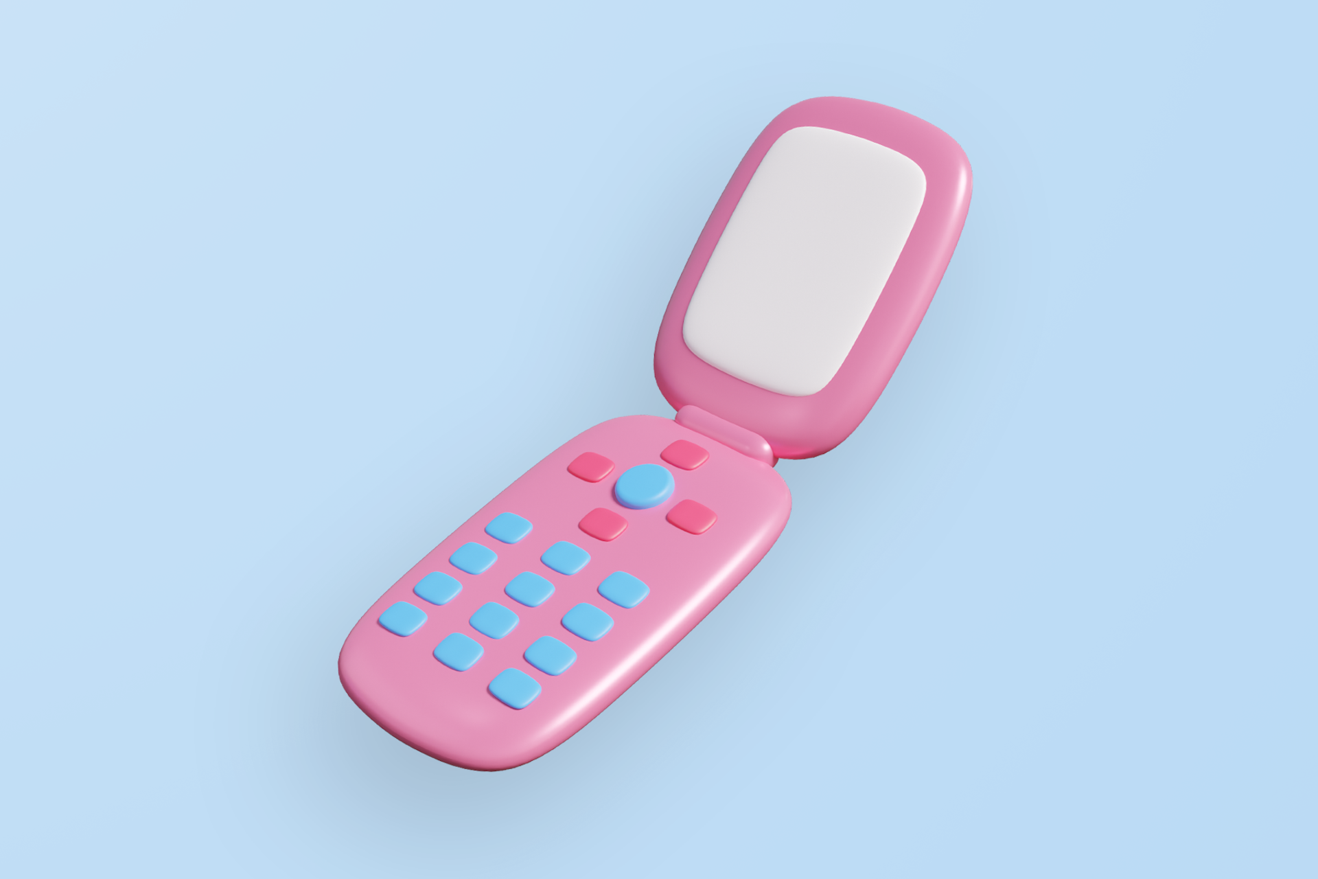 A pink flip phone with blue buttons against a blue background