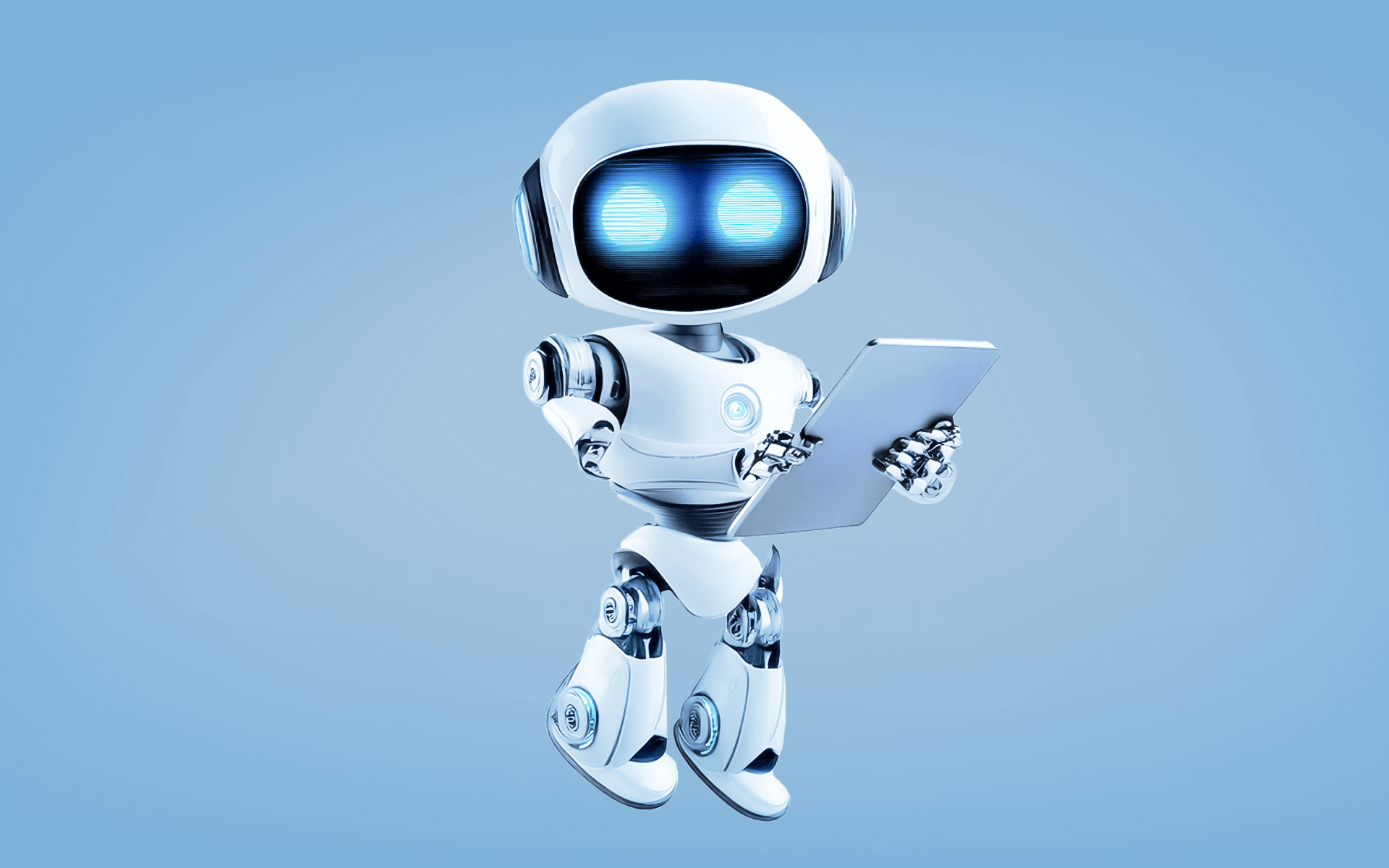 illustration of a robot holding a tablet device representing ai in social media marketing