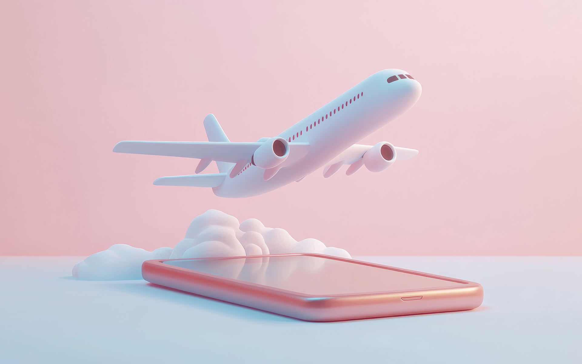 An airplane taking off from a the screen of a smartphone lying flat on a white-blue surface against a pink background