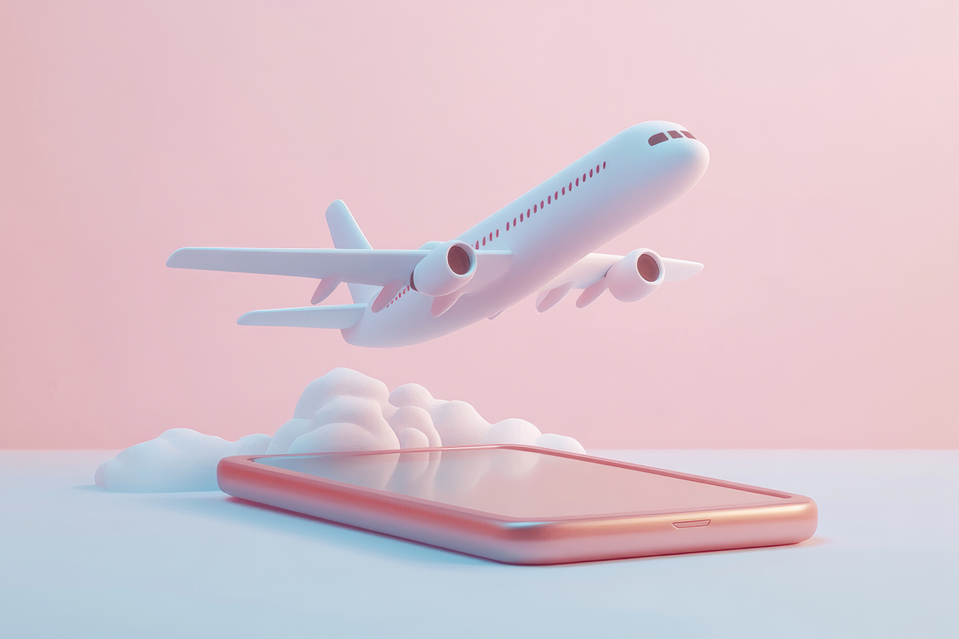 An airplane taking off from a the screen of a smartphone lying flat on a white-blue surface against a pink background