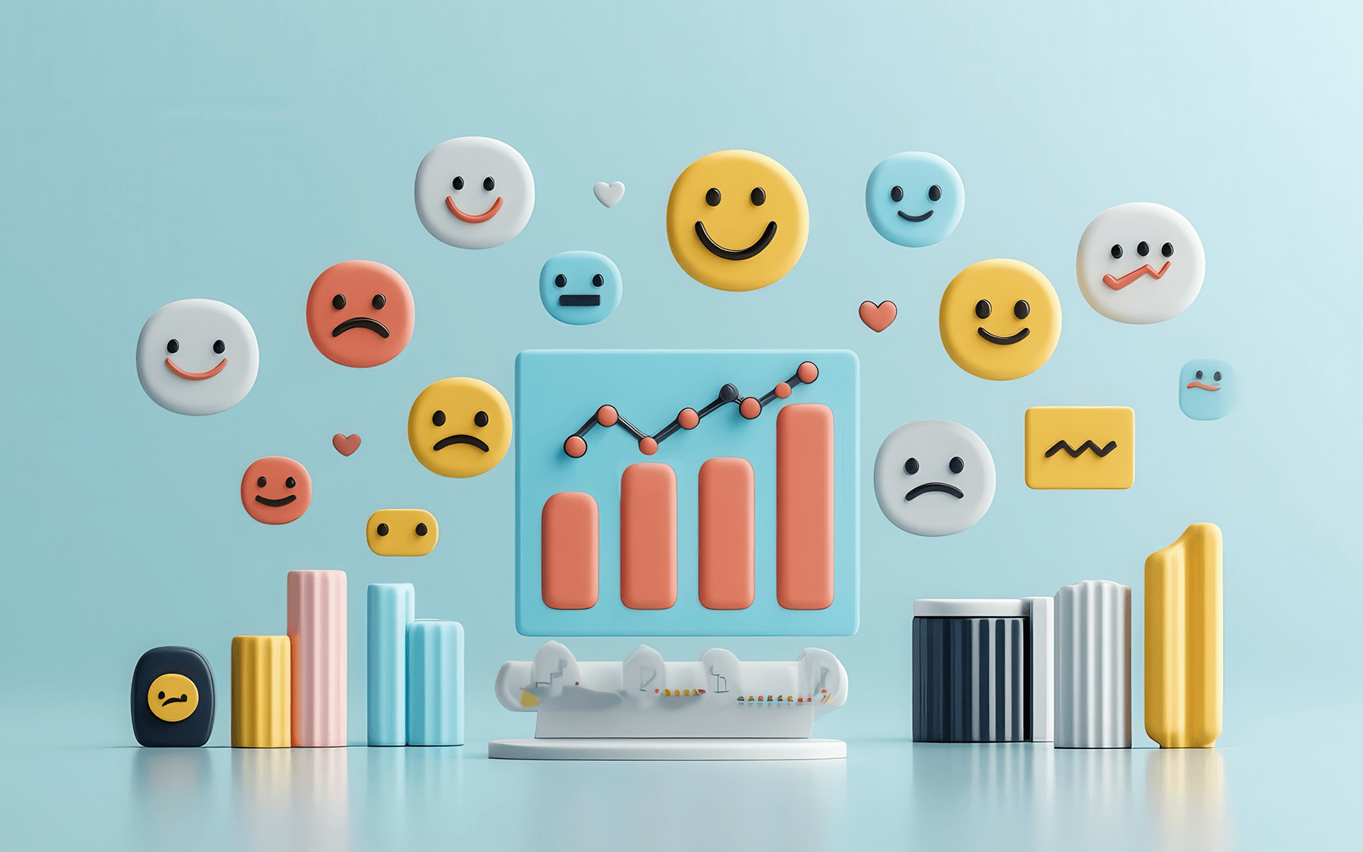 illustration of different smiley face emojis above a chart representing sentiment analysis tools