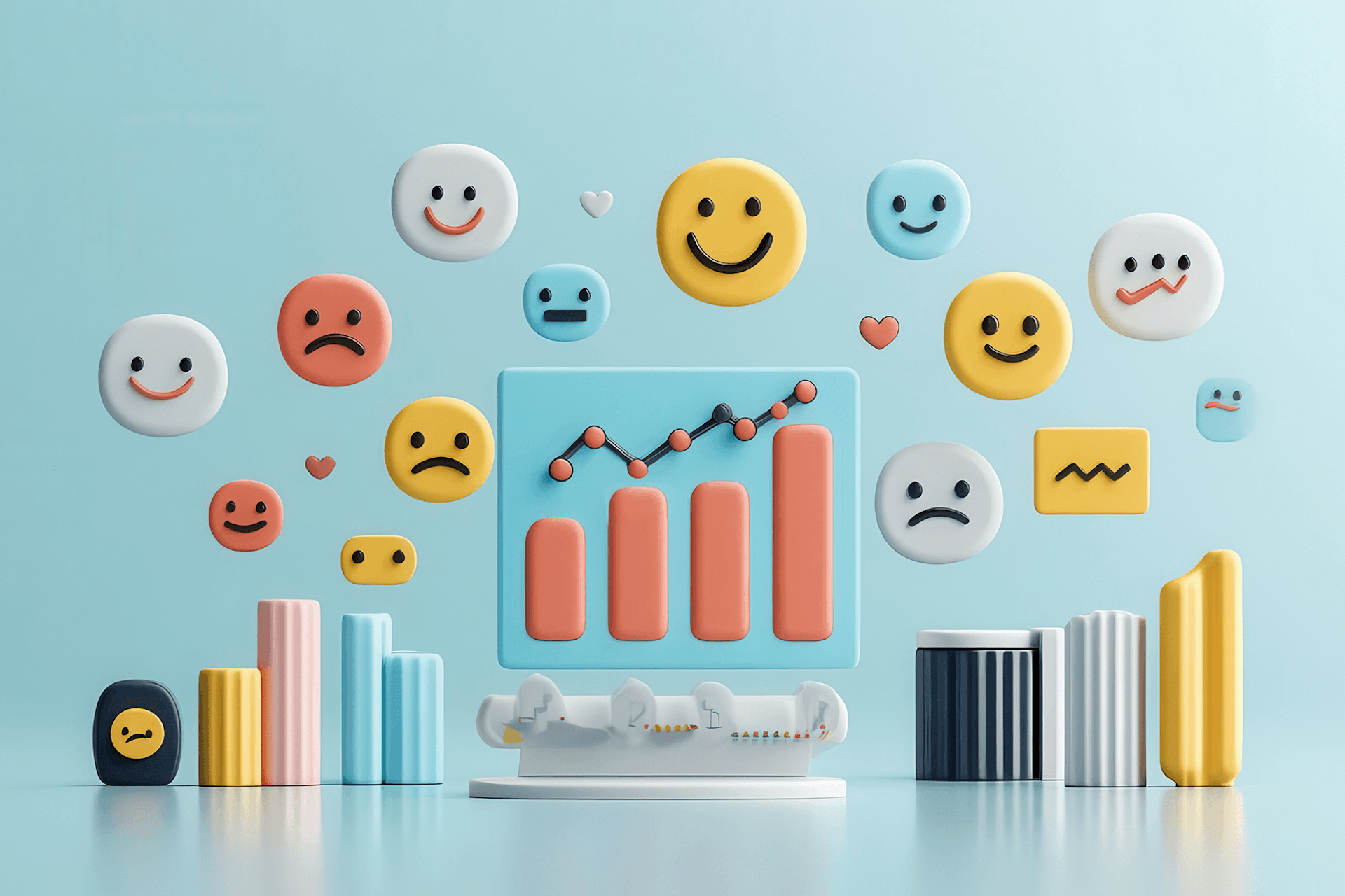 illustration of different smiley face emojis above a chart representing sentiment analysis tools