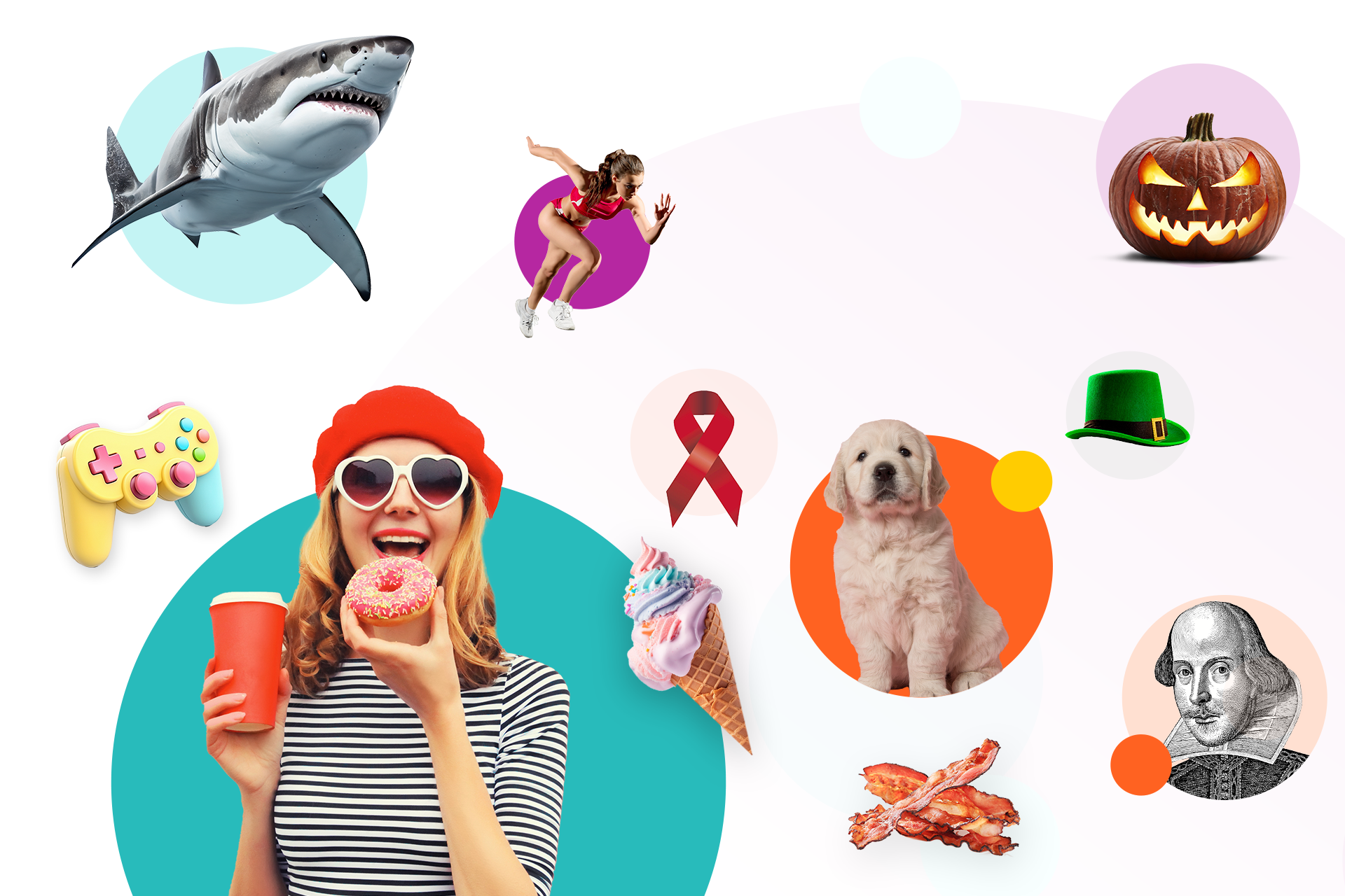 An image showing brightly colored pop photography illustrating various holidays and social media celebrations throughout the year. Social media holidays interactive calendar and PDF for 2024