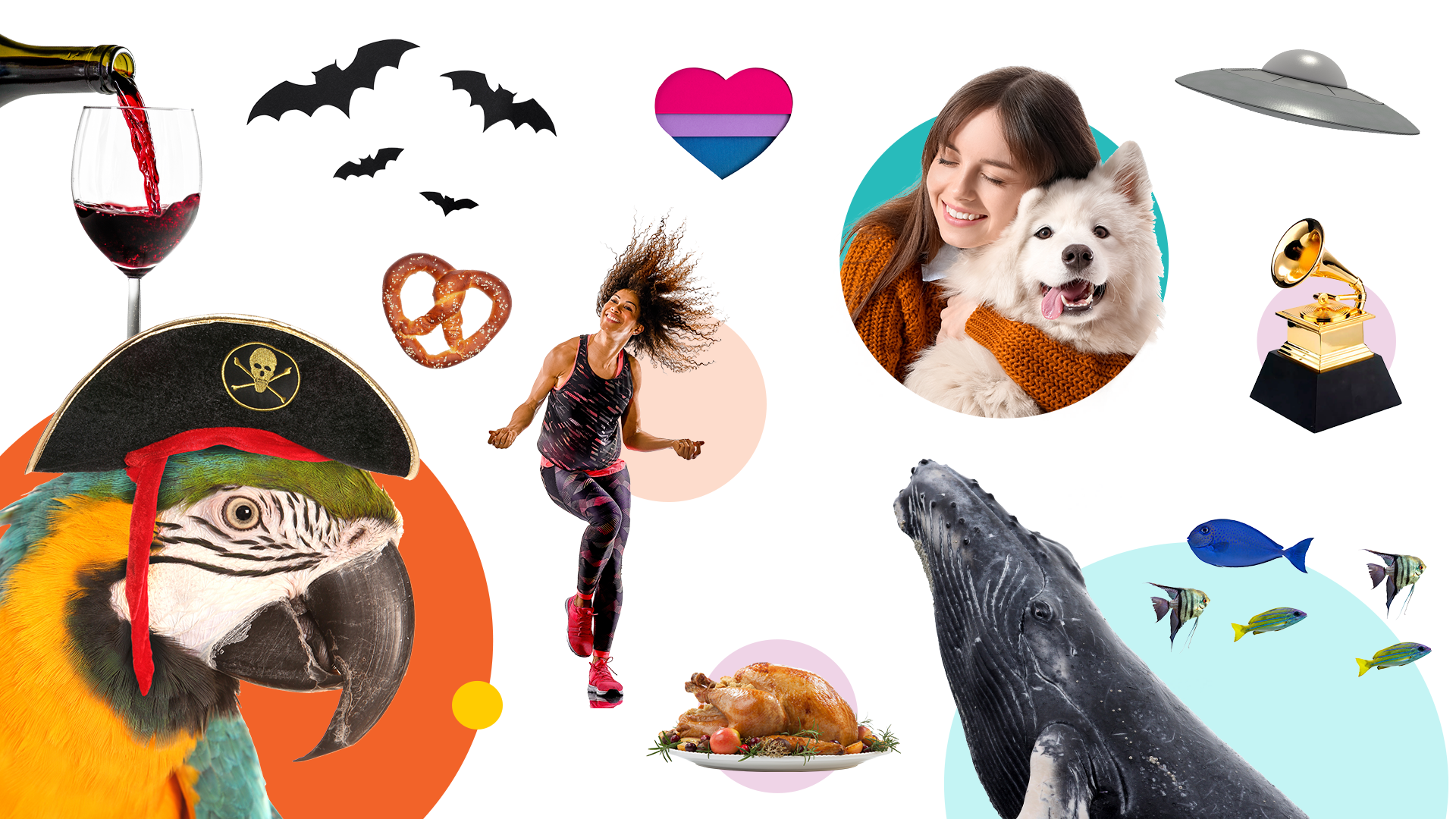 An image showing brightly colored pop photography illustrating various holidays and social media celebrations throughout the year. Social media holidays interactive calendar and PDF for 2025