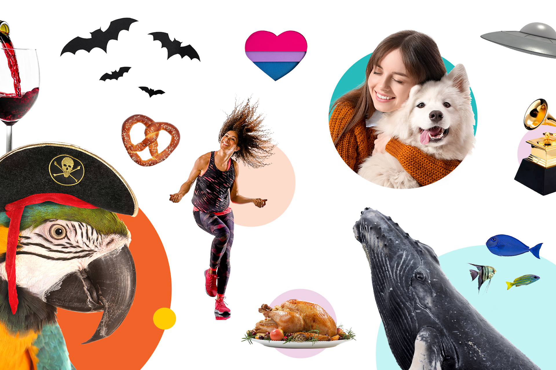 An image showing brightly colored pop photography illustrating various holidays and social media celebrations throughout the year. Social media holidays interactive calendar and PDF for 2025