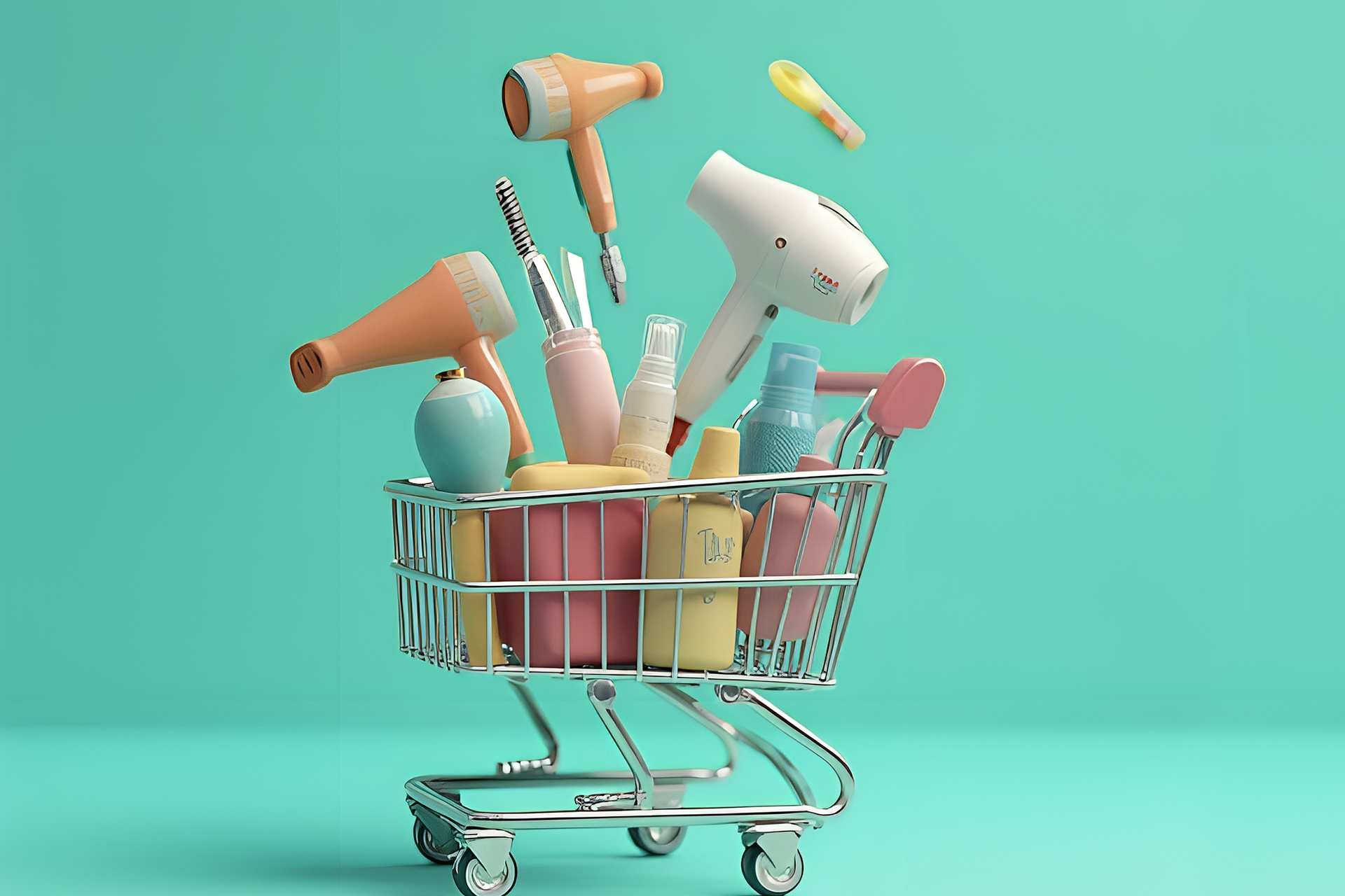 Shopping cart with home appliances and beauty products