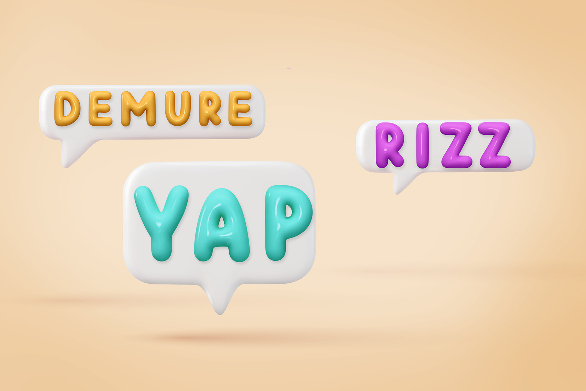 The words "demure", "yap", and "rizz" within speech bubbles for a Meltwater data analysis blog about the top viral phrases of 2024.