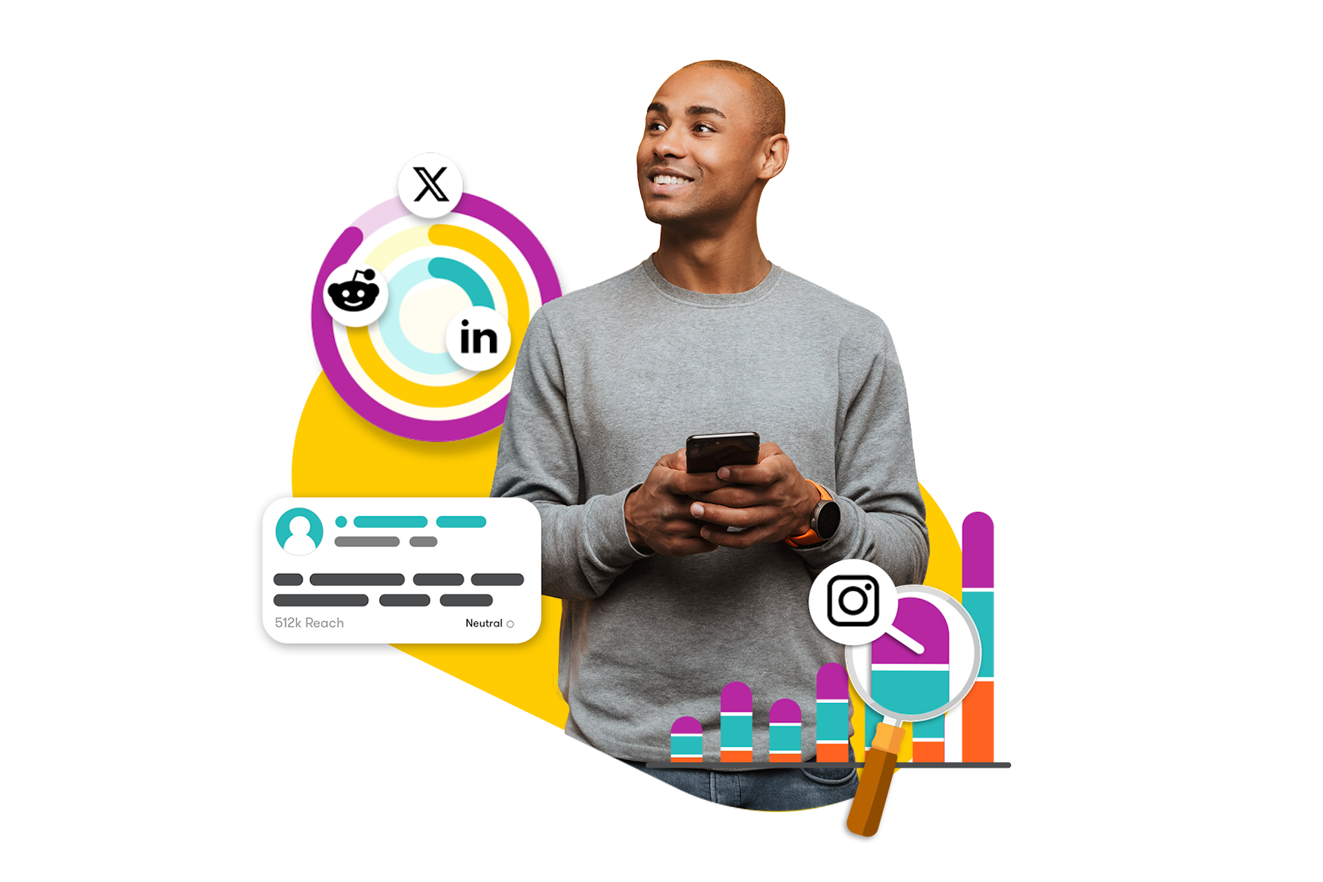 Man with phone looking to the side in between graphs