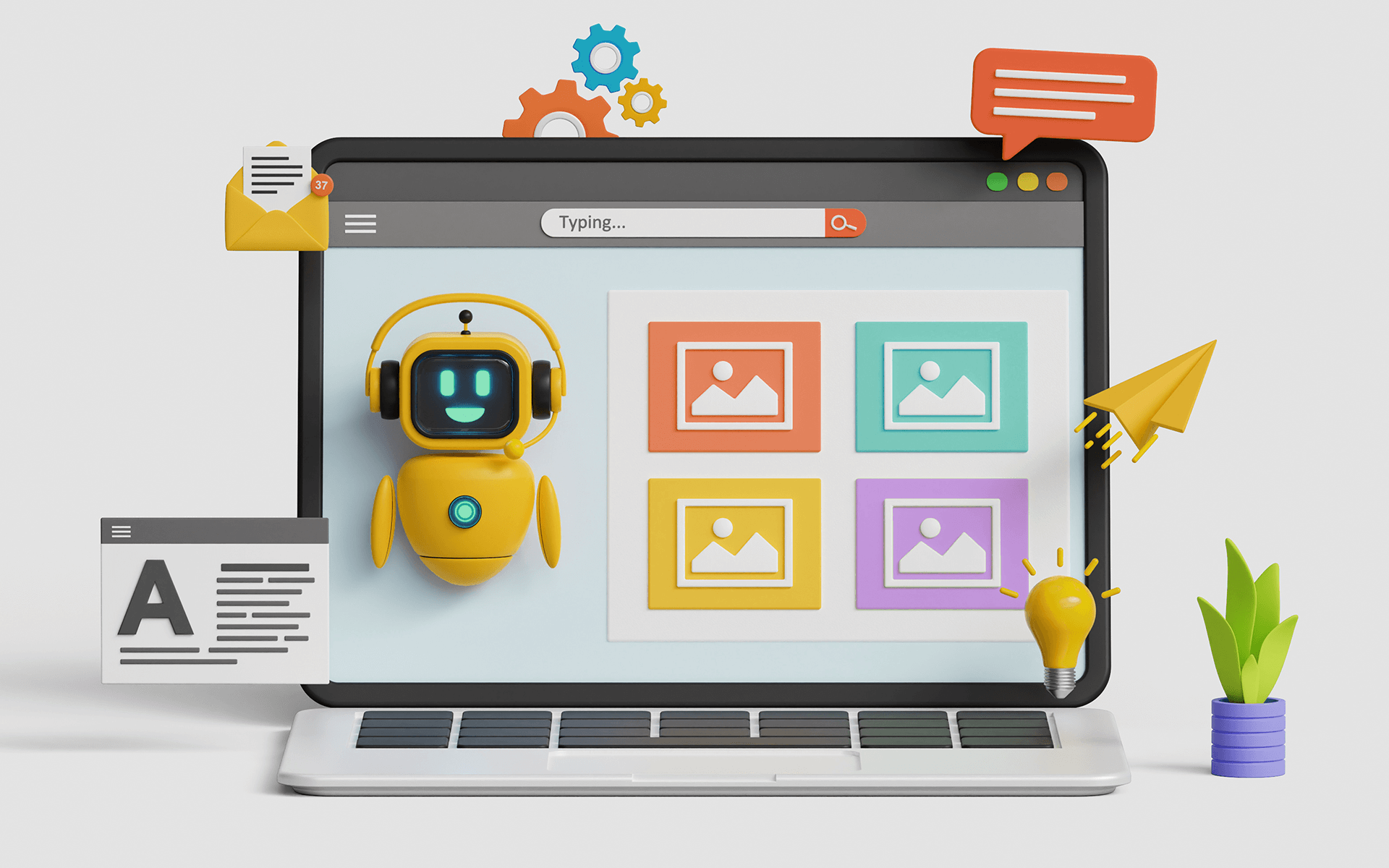 Illustration eines Laptops mit einem KI-Roboter, der bei der Erstellung von Inhalten hilft, was die Erstellung von KI-Inhalten darstellt