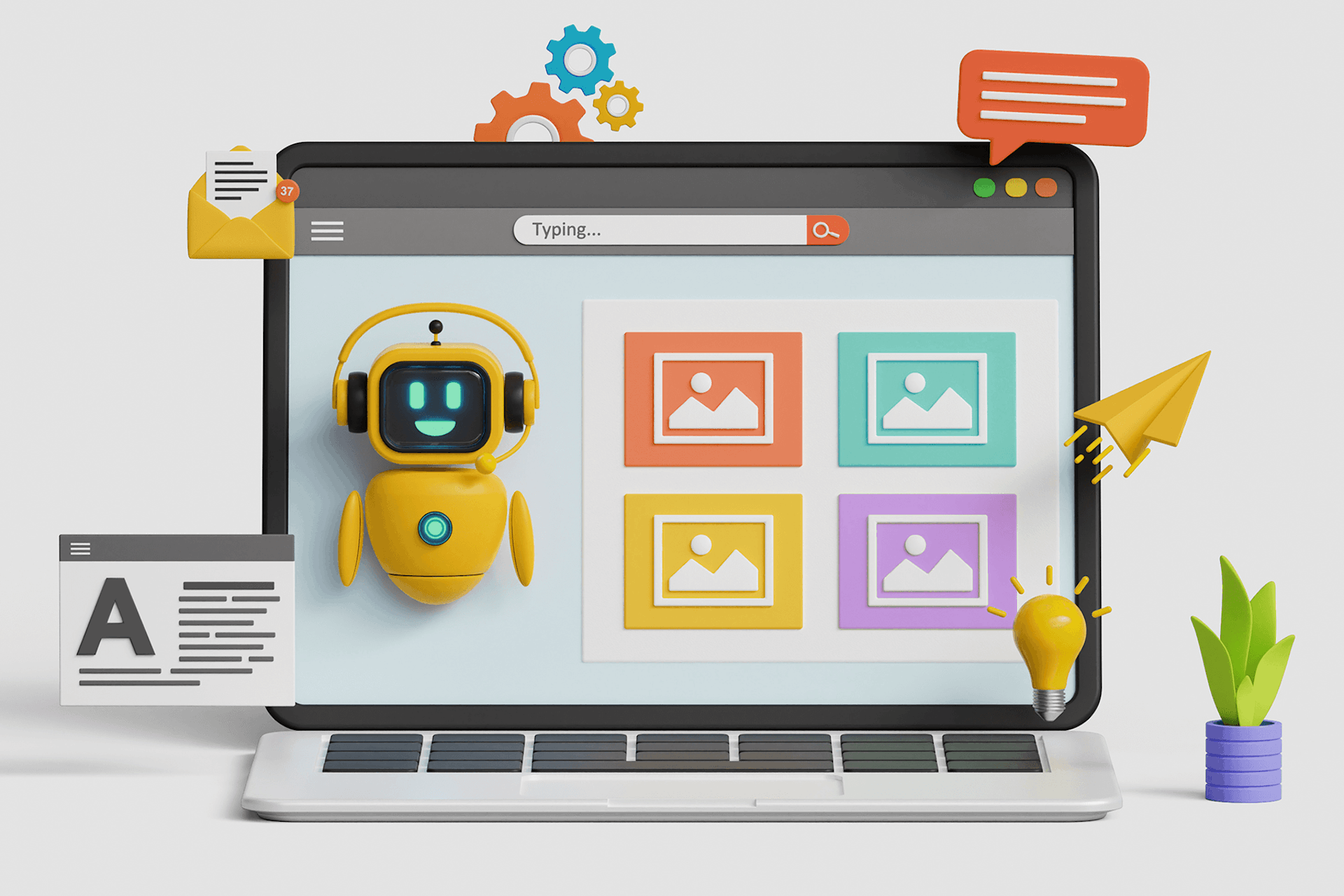 Illustration eines Laptops mit einem KI-Roboter, der bei der Erstellung von Inhalten hilft, was die Erstellung von KI-Inhalten darstellt