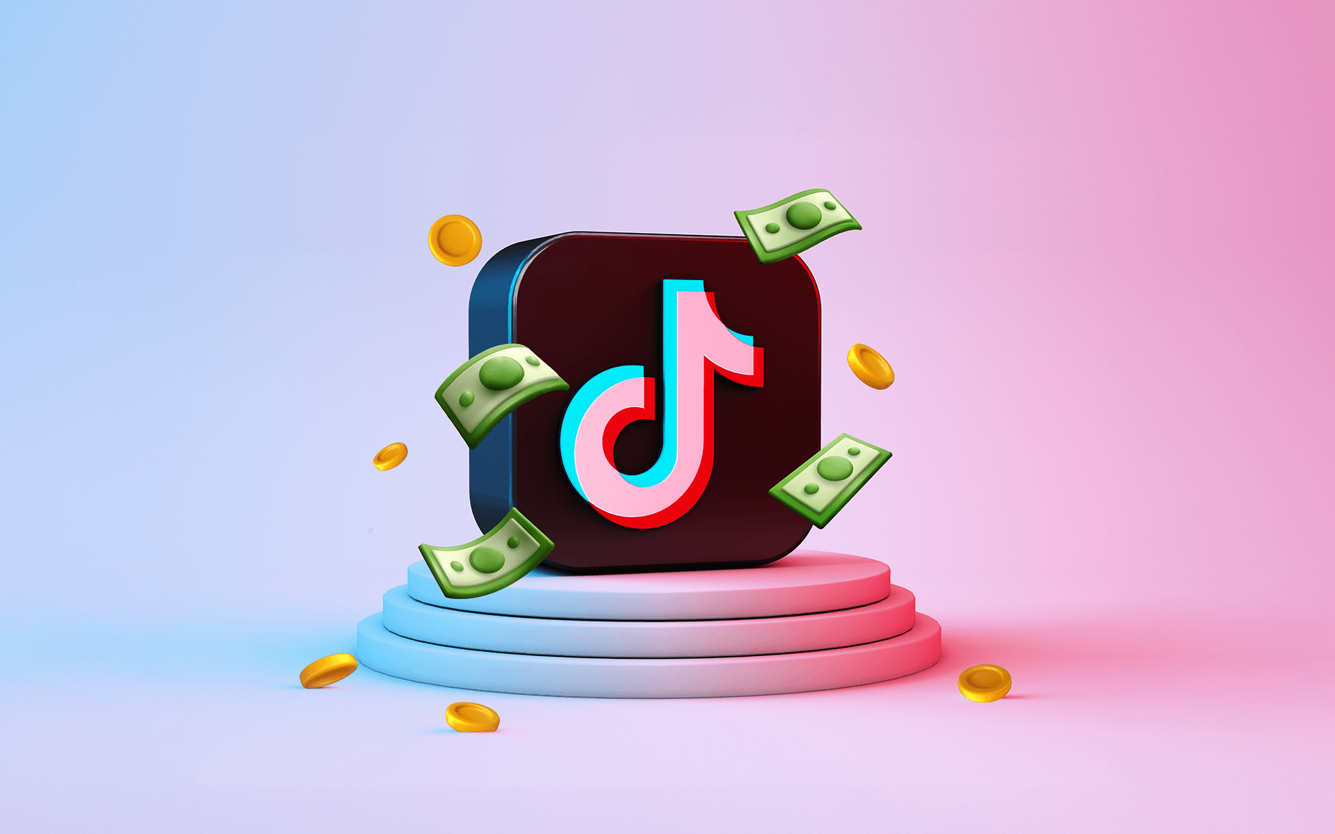 illustration of the TikTok logo surrounded by coins and dollar bills representing TikTok Advertising