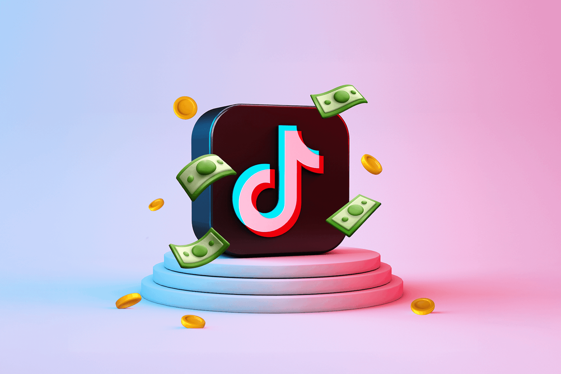 illustration of the TikTok logo surrounded by coins and dollar bills representing TikTok Advertising