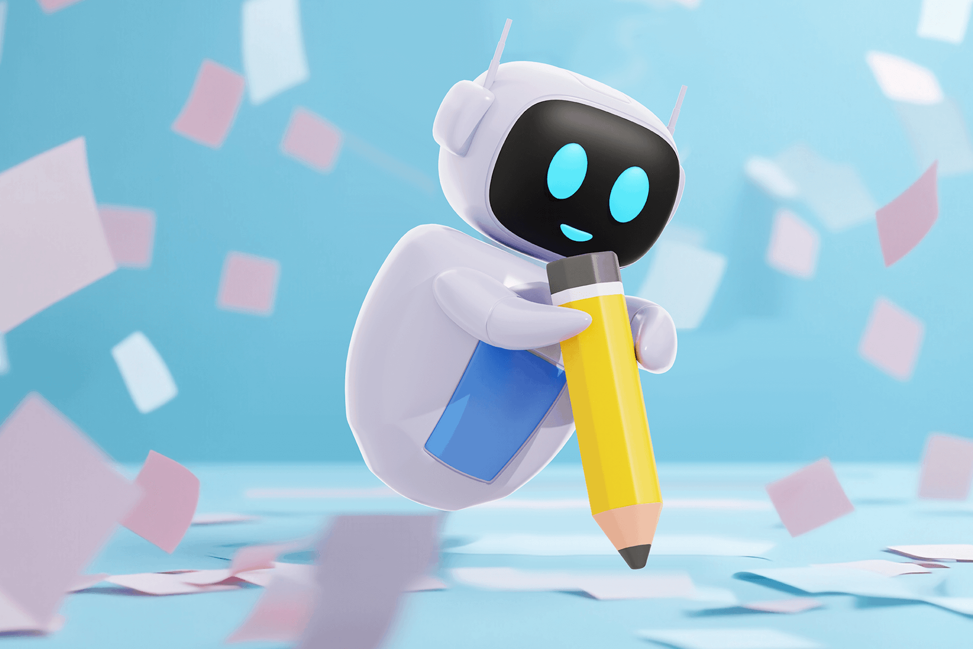 illustration of a robot character writing with a pencil representing AI copywriting tools
