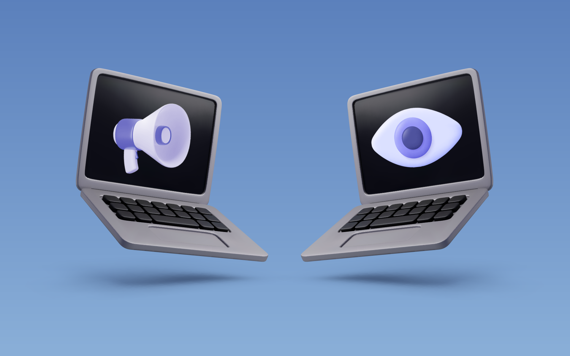 illustration of a laptop with a megaphone squaring off against a laptop with an eyeball representing reach vs. impressions