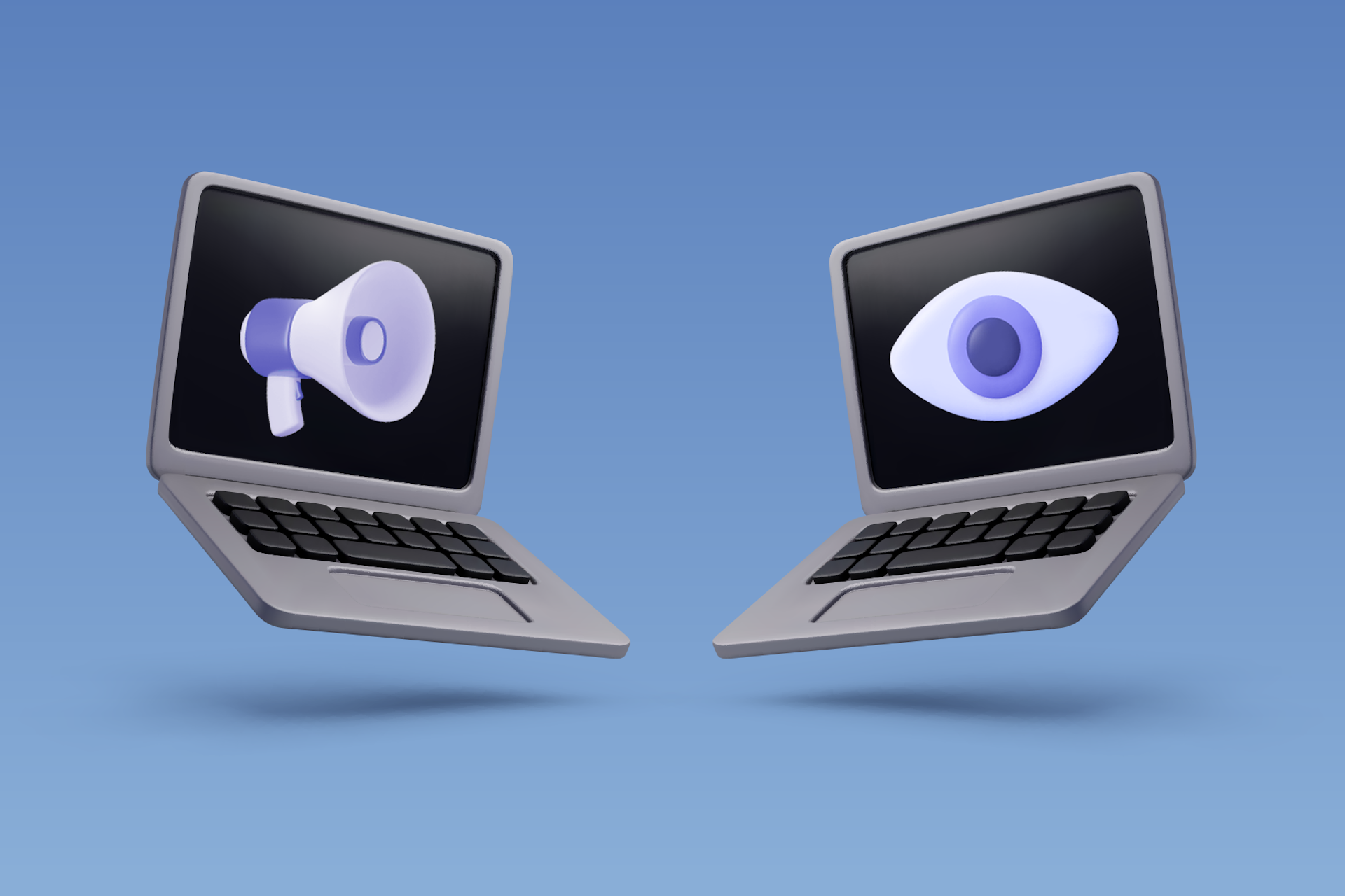 illustration of a laptop with a megaphone squaring off against a laptop with an eyeball representing reach vs. impressions
