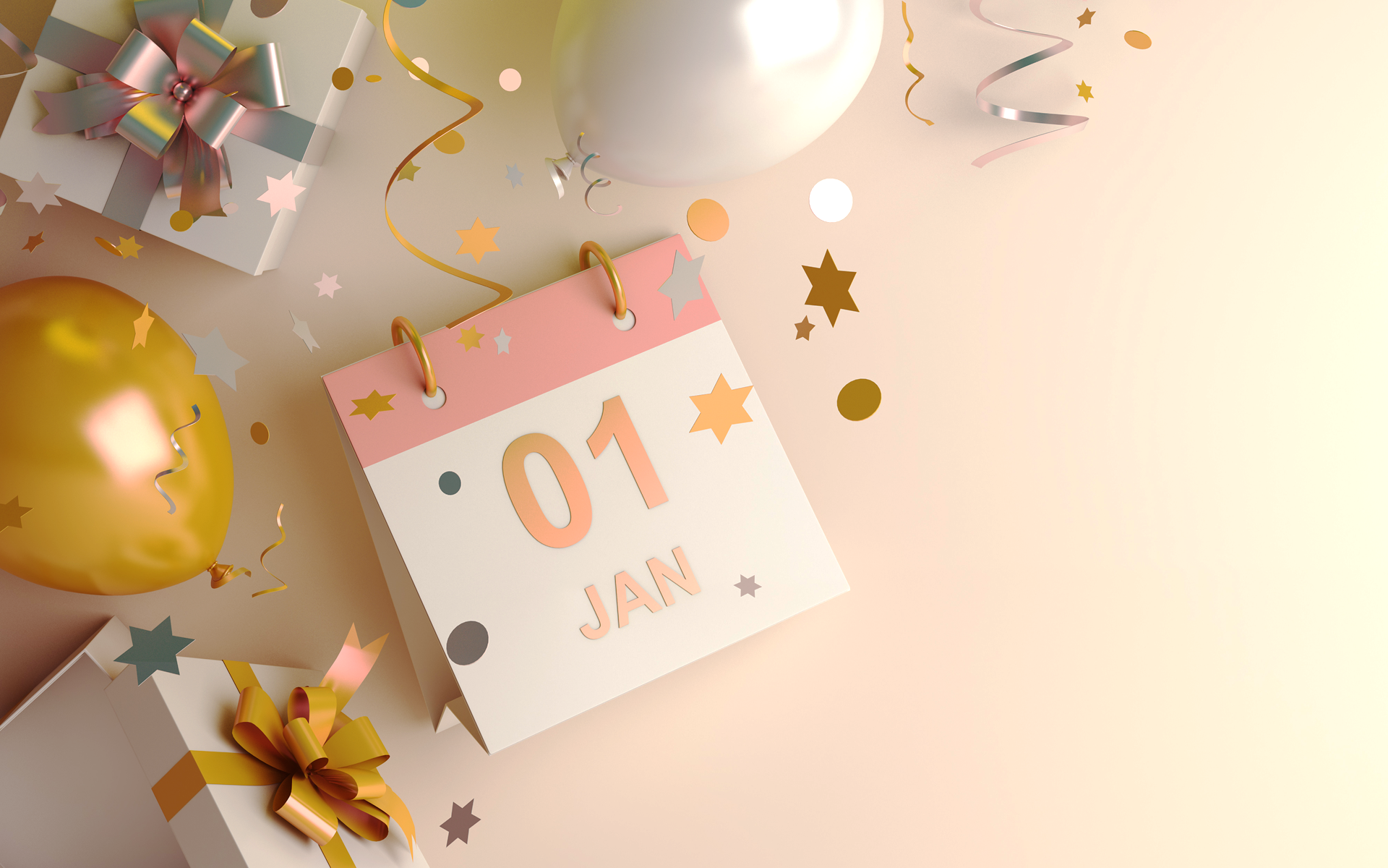 A JAN 01 calendar page surrounded by balloons, presents, and streamers for a Meltwater social listening blog about the winter arc trend and New Year's resolutions.