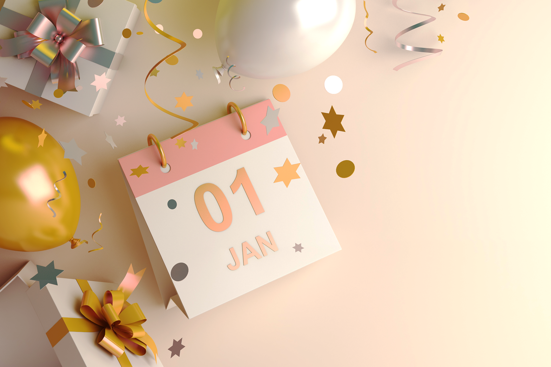 A JAN 01 calendar page surrounded by balloons, presents, and streamers for a Meltwater social listening blog about the winter arc trend and New Year's resolutions.