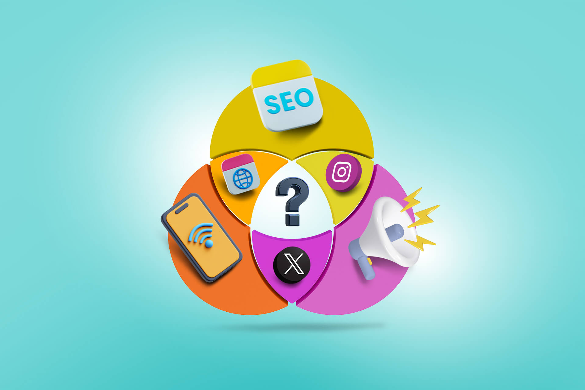 illustration of a ven diagram with SEO, a smartphone, and a loudspeaker representing SEO and social media