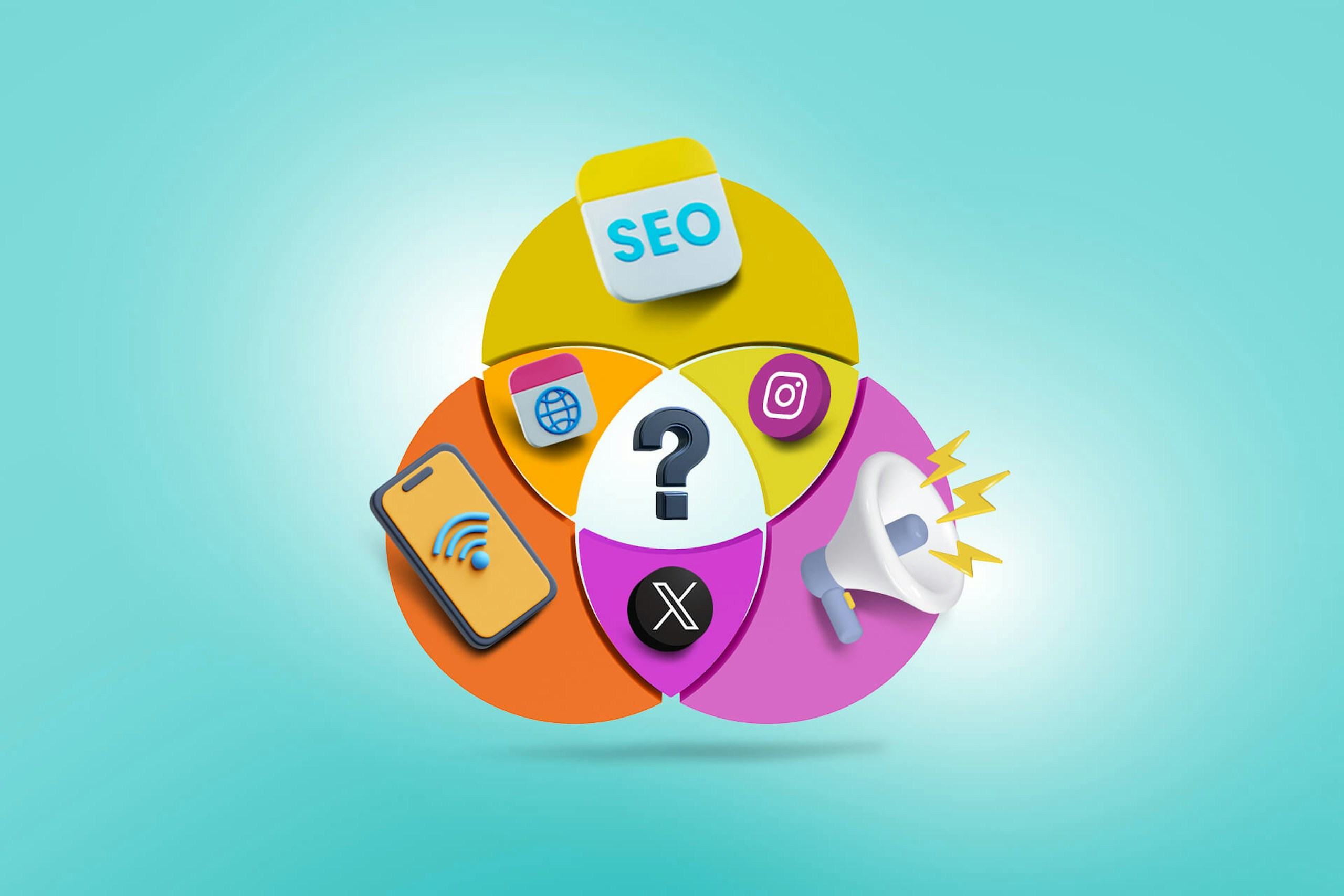 Illustration eines Venen-Diagramms mit SEO, einem Smartphone und einem Lautsprecher, der SEO und soziale Medien darstellt