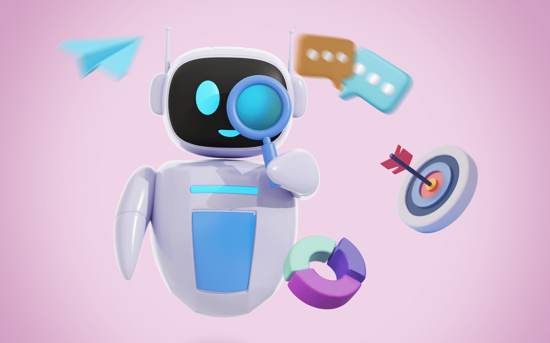 illustration of a robot with a magnifying glass surrounded by chart and target icons representing ai marketing insights