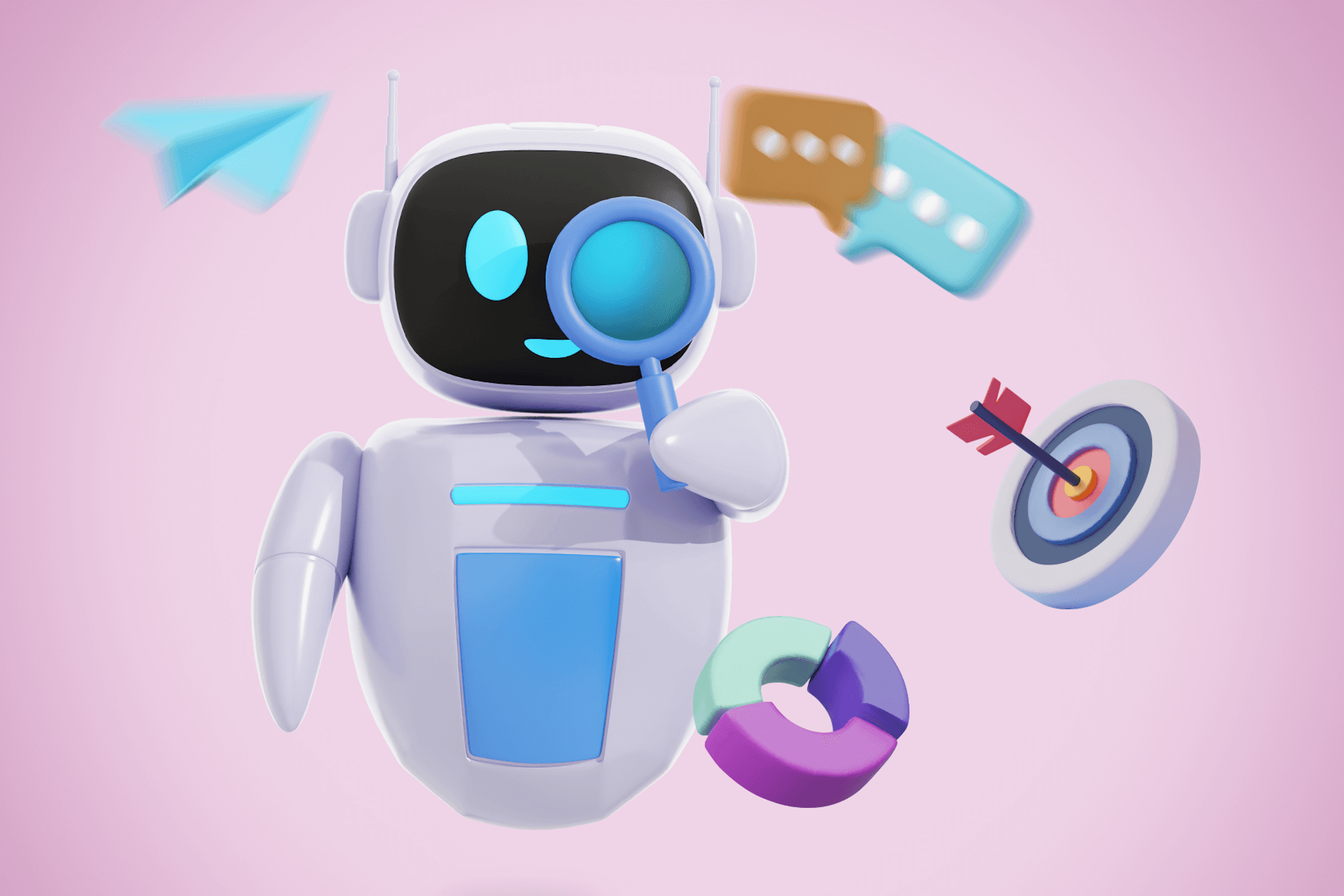 illustration d'un robot avec une loupe entourée de graphiques et d'icônes représentant des informations sur le marketing aérien
