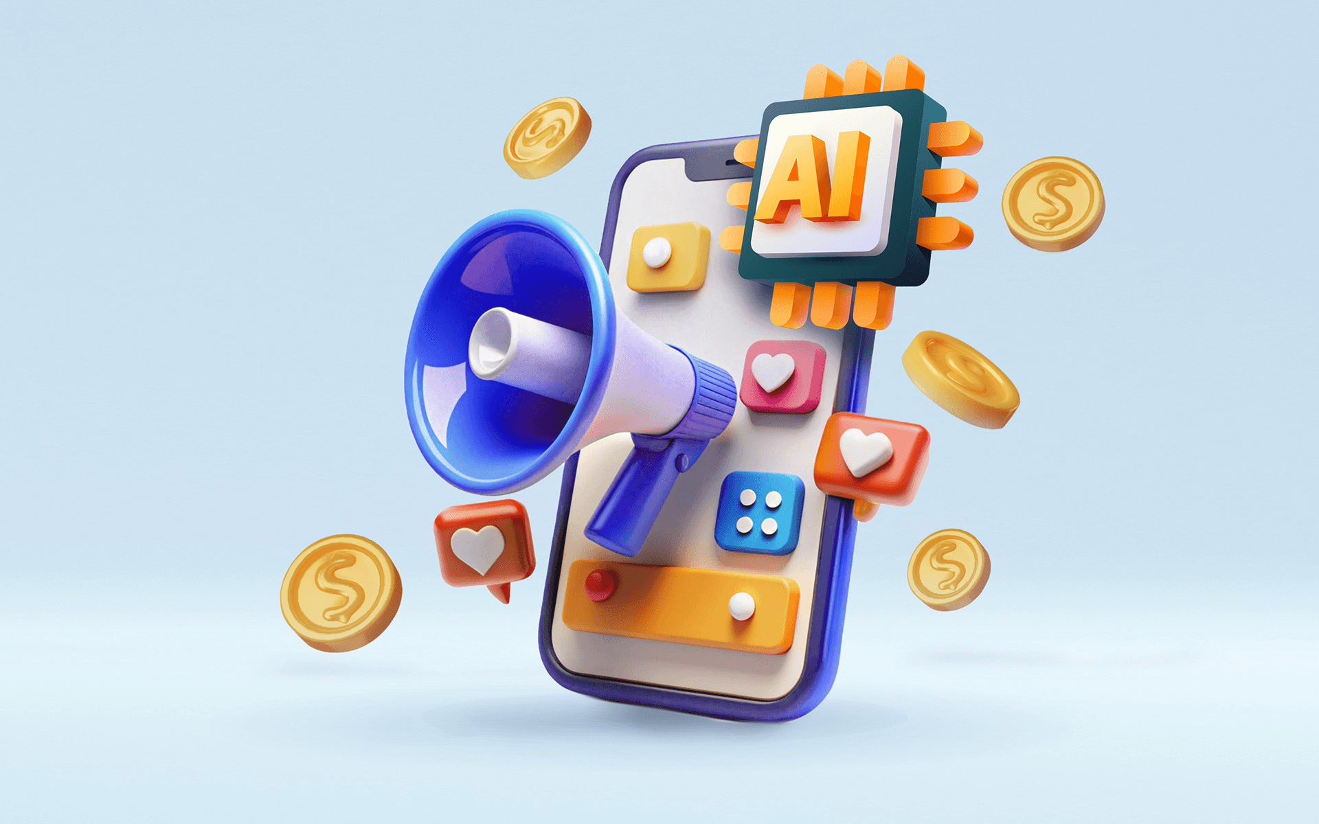 illustration of a smartphone with a megaphone and an AI chip surrounded by coins representing generative ai in advertising