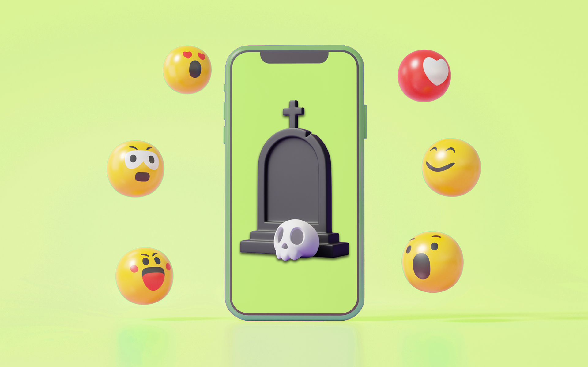 An image of a smartphone with a tombstone and a skull on the screen surrounded by 6 reaction emojis