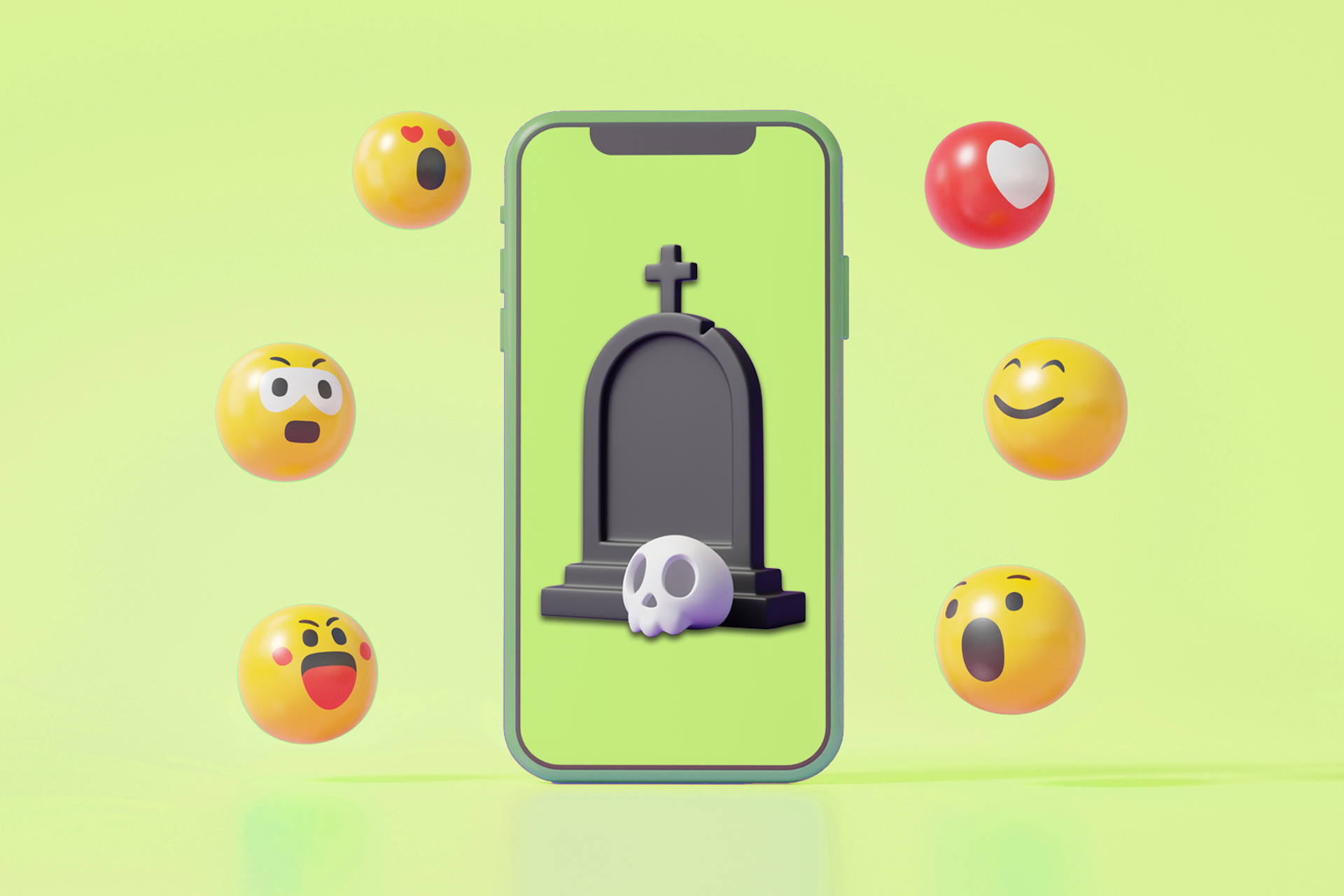 An image of a smartphone with a tombstone and a skull on the screen surrounded by 6 reaction emojis