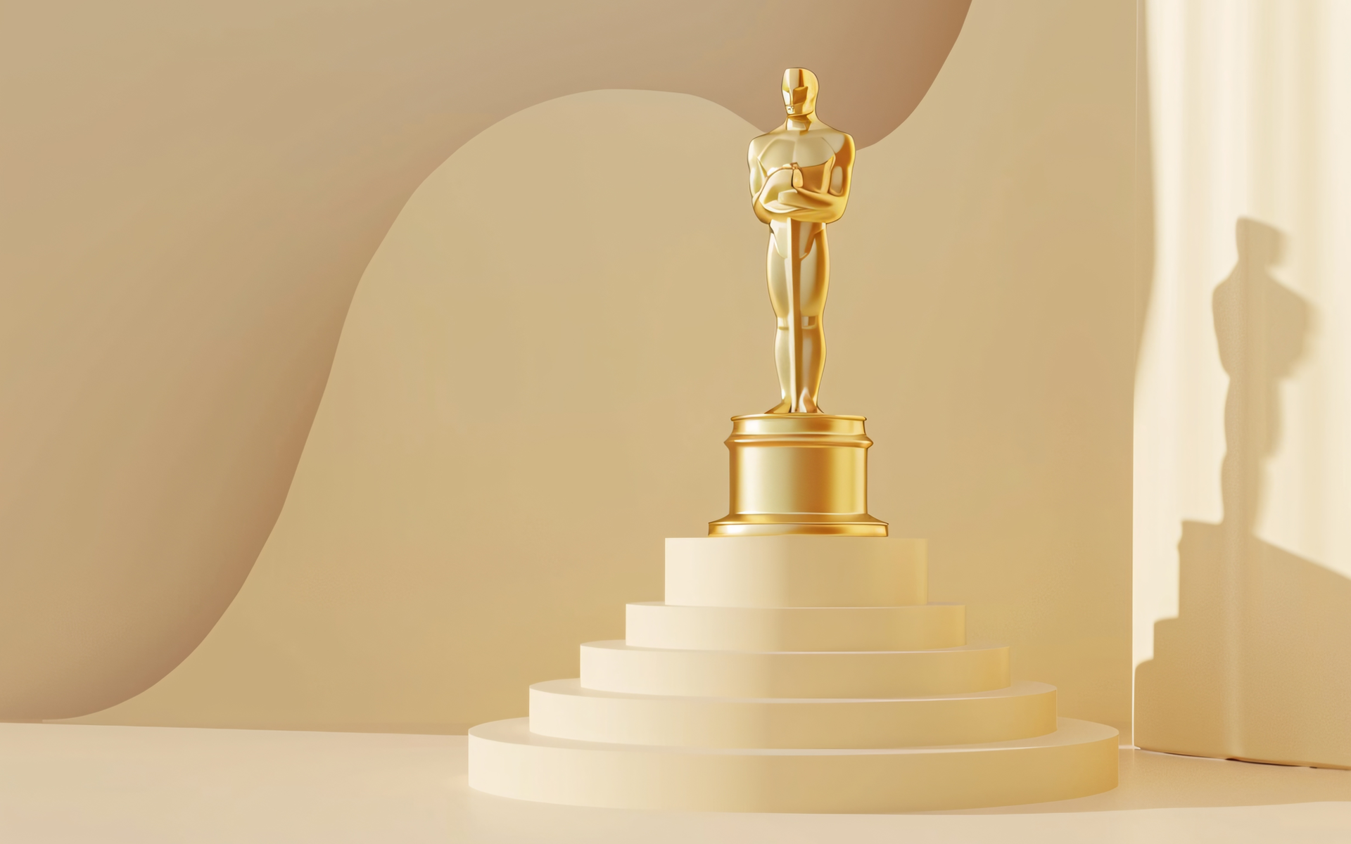An Academy Award statue at the top of white circular stairs