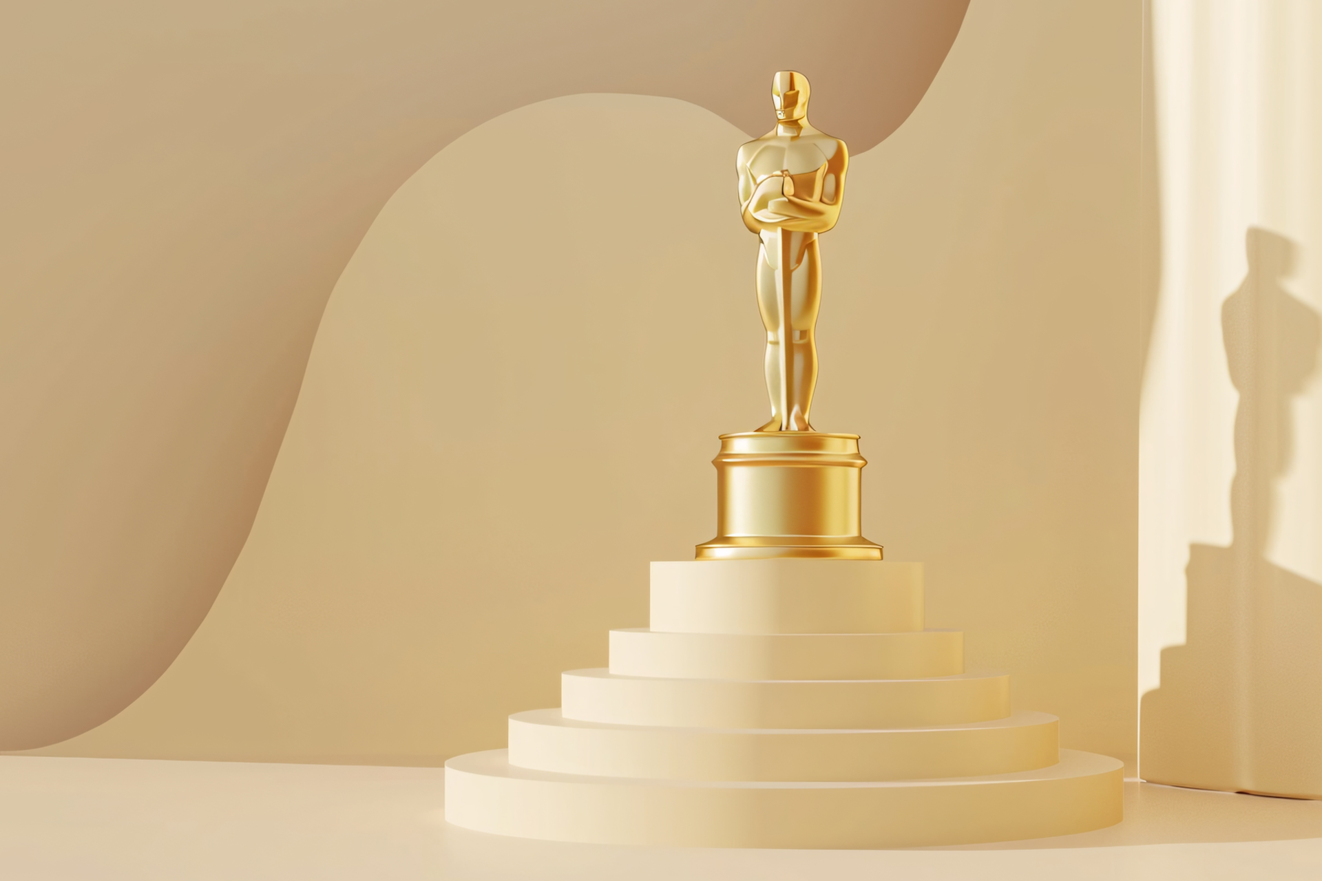 An Academy Award statue at the top of white circular stairs