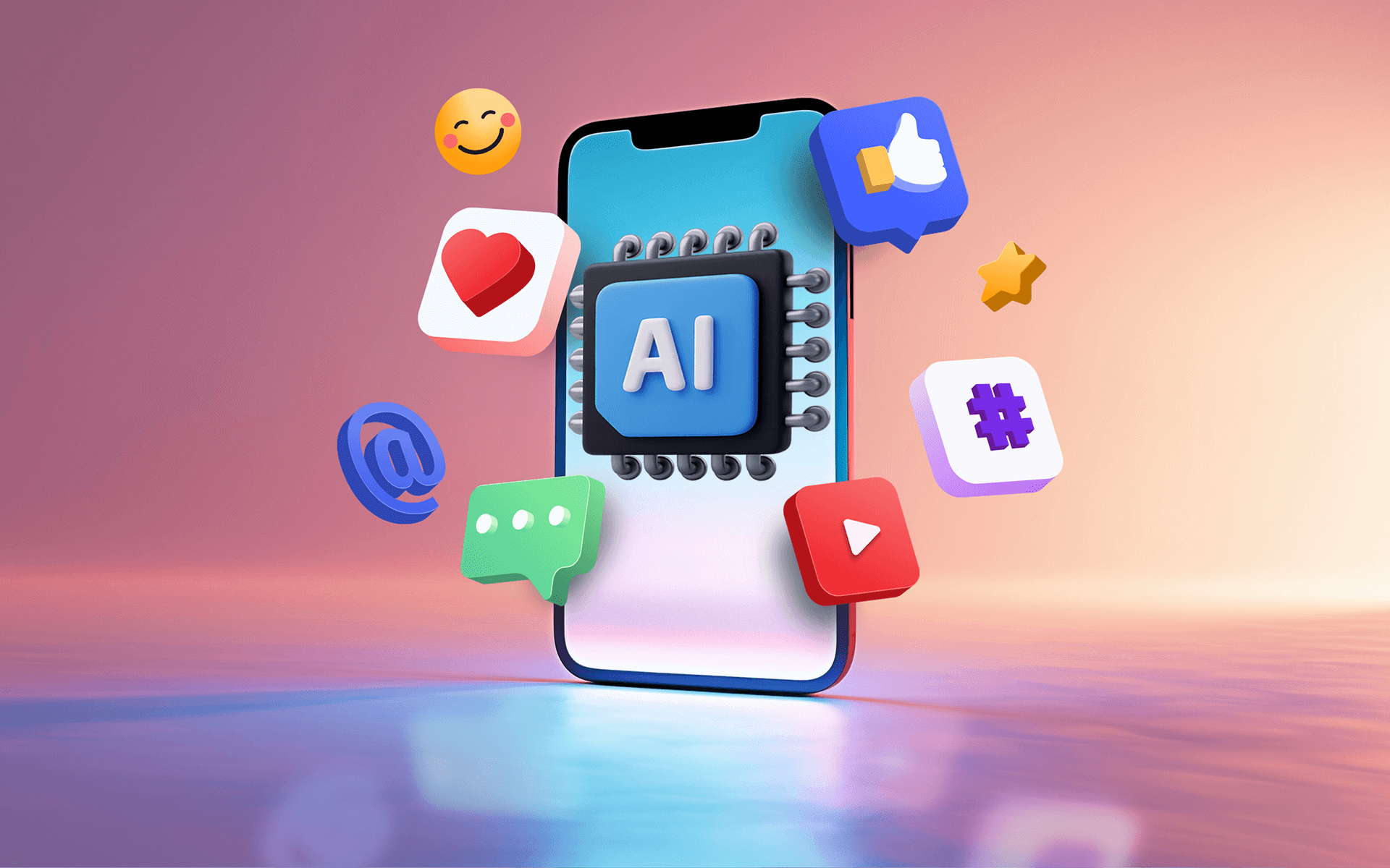 illustration of a smartphone with an AI chip surrounded by social media icons representing ai social media management tools