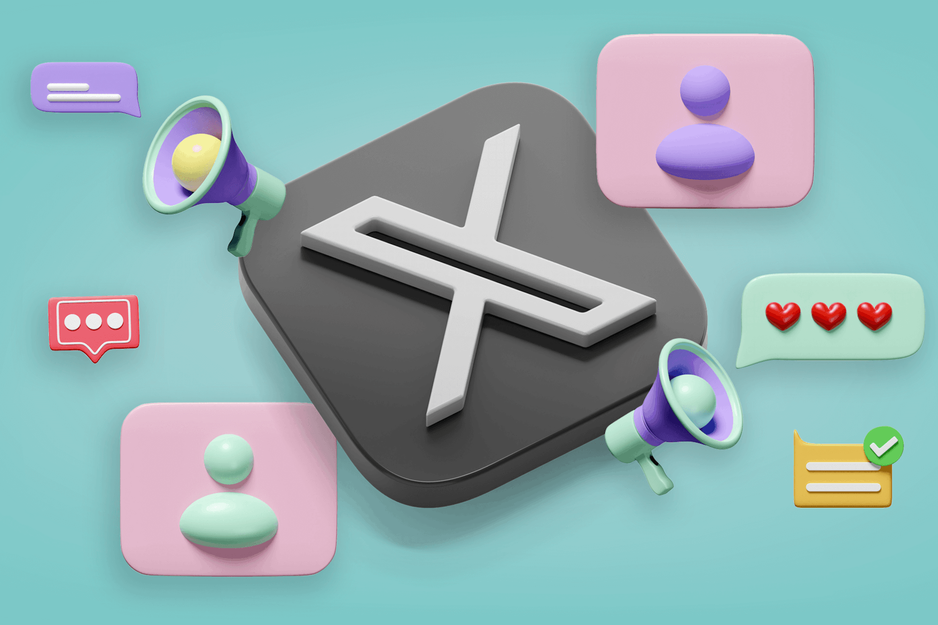 illustration of the X platform logo surrounded by different social media icons representing X / Twitter social listening