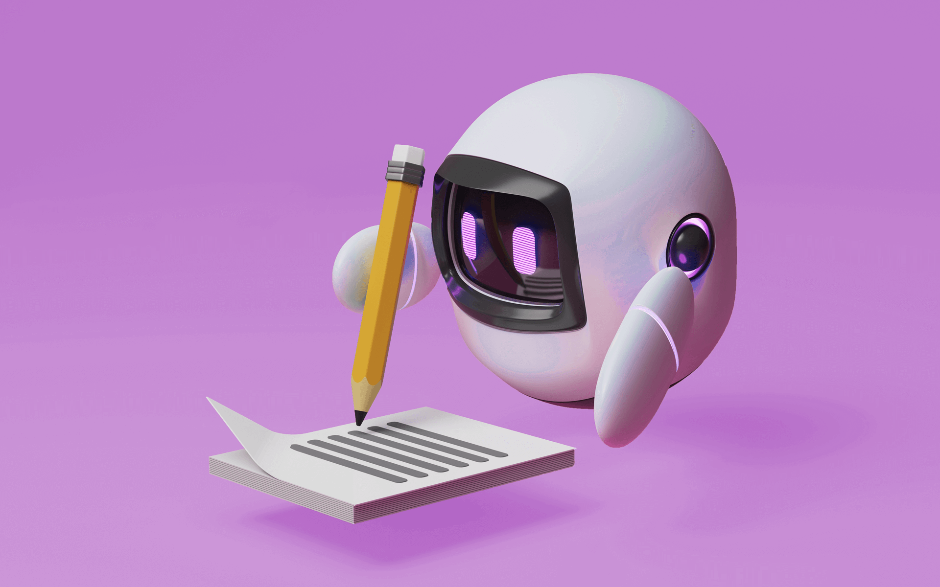 illustration of a little robot holding a big pencil and writing on a pad of paper representing ai-generated content examples