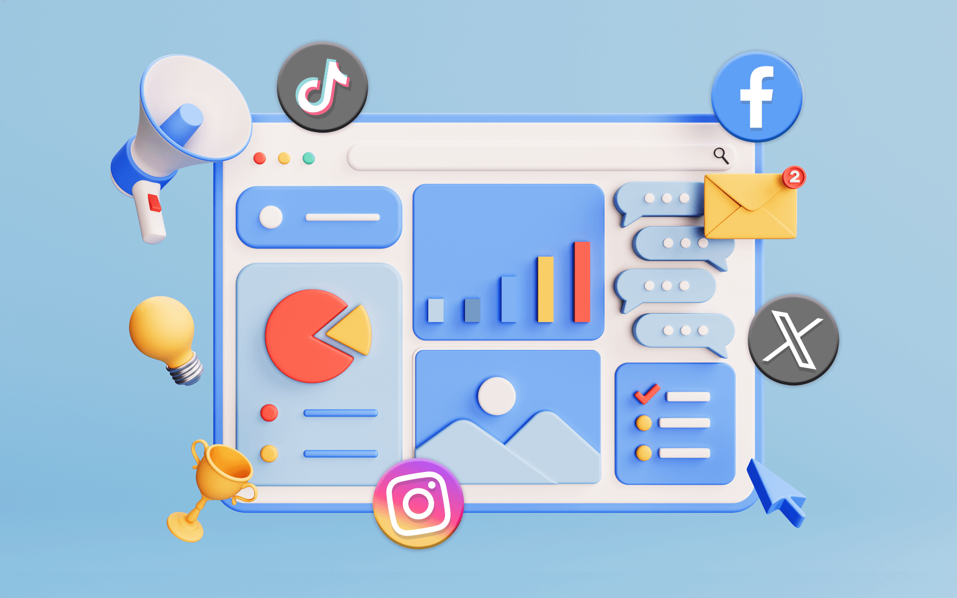 illustration of an internet browser window with different charts and graphs surrounded by social media logos representing social media competitor analysis