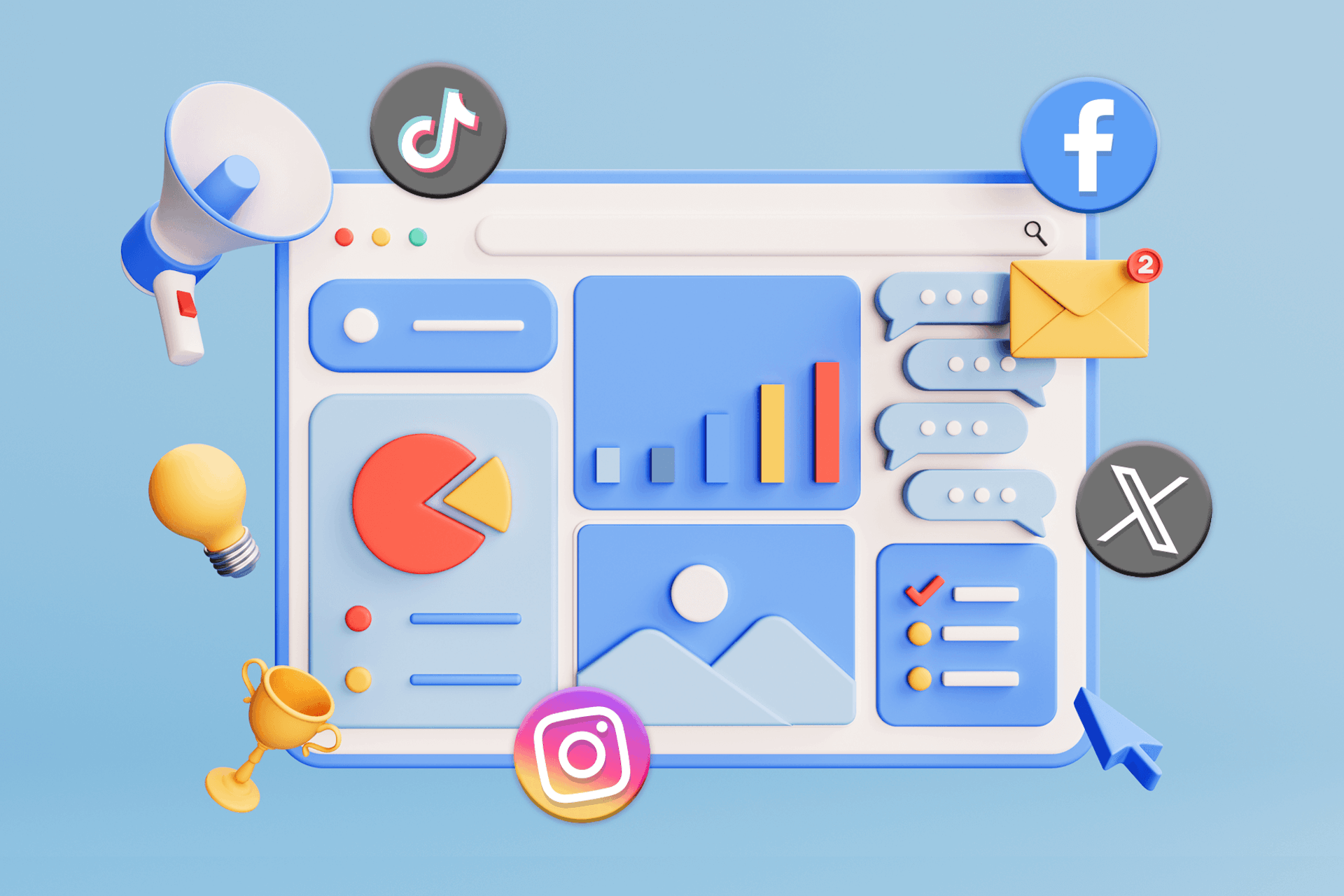 illustration of an internet browser window with different charts and graphs surrounded by social media logos representing social media competitor analysis