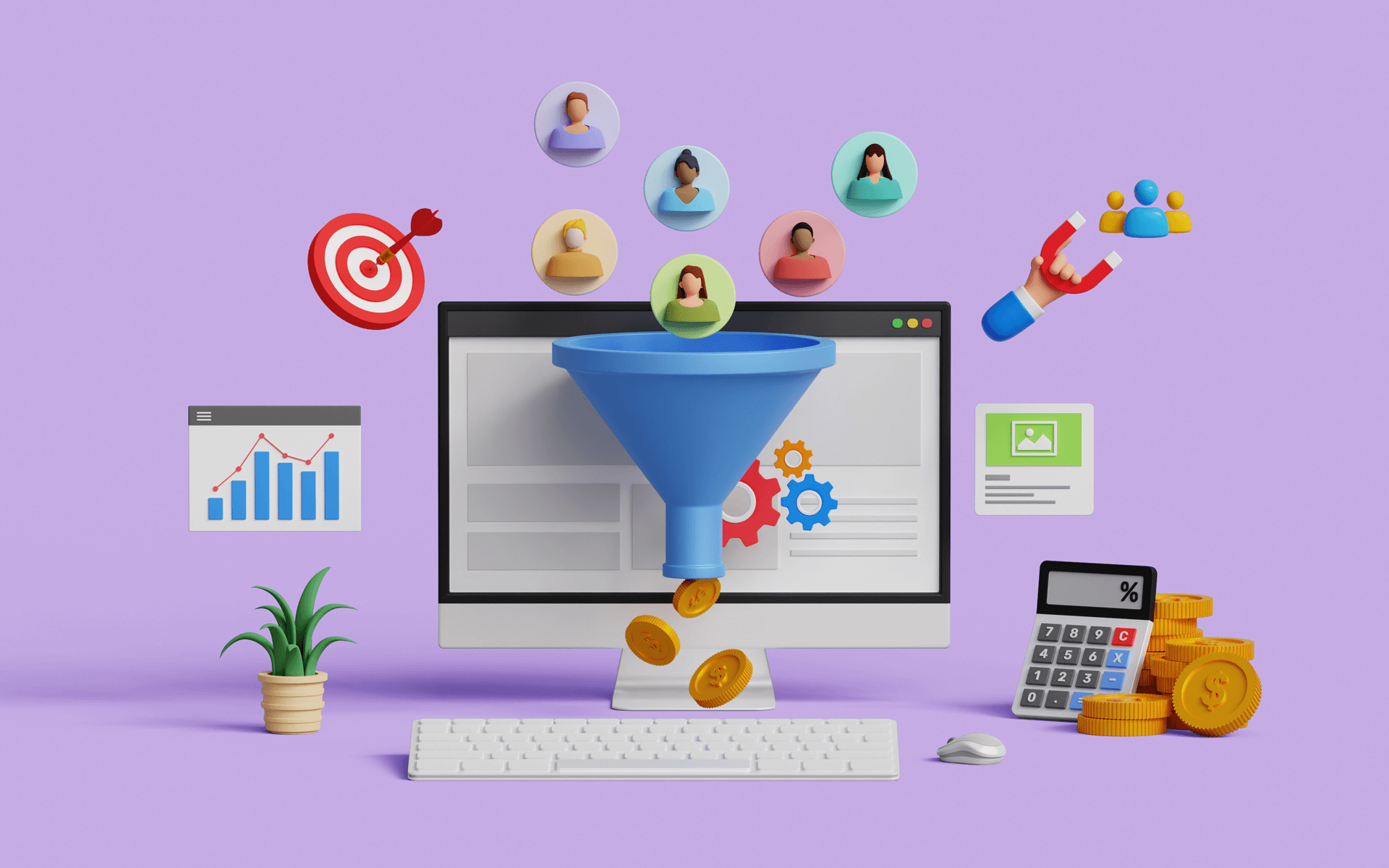 illustration of a desktop computer monitor with a funnel being filled with different customer icons representing customer journey analytics