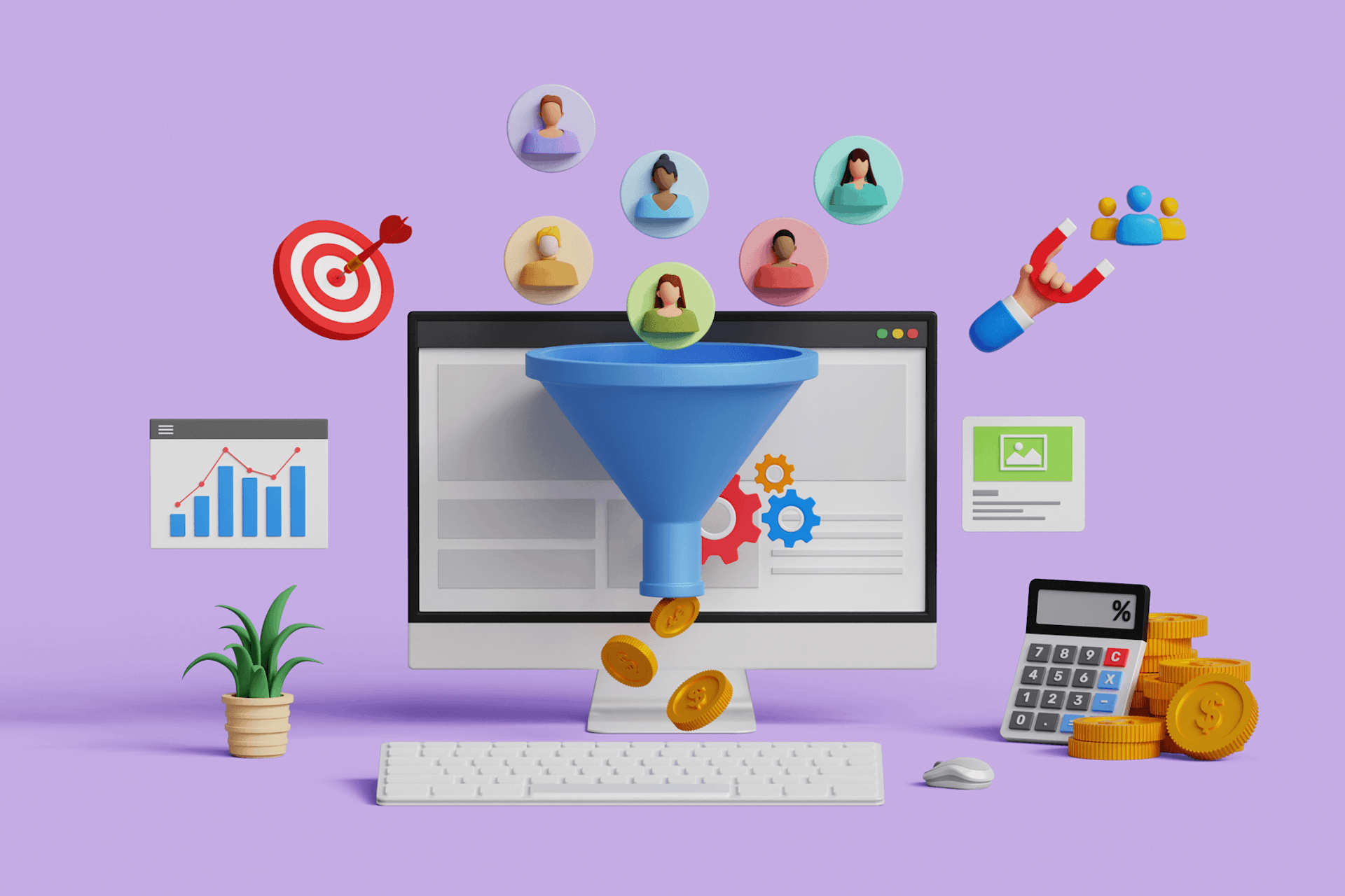 illustration of a desktop computer monitor with a funnel being filled with different customer icons representing customer journey analytics