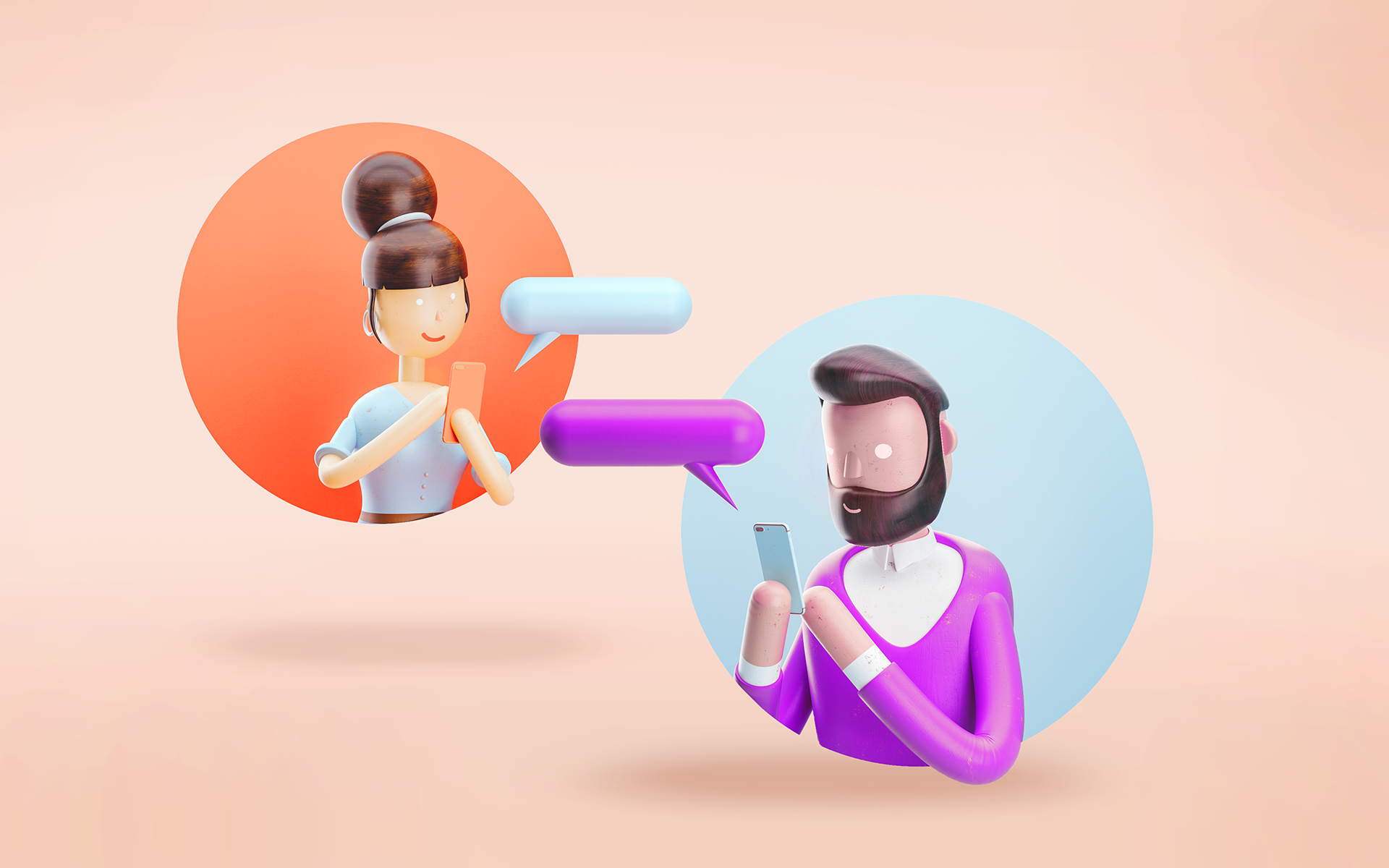 An illustration showing a man and a woman texting back and forth. The woman is on the left, inside an orange bubble, the man is on the right inside a blue bubble. They each are holding a phone with a speech bubble symbol. Word-of-mouth marketing blog post.