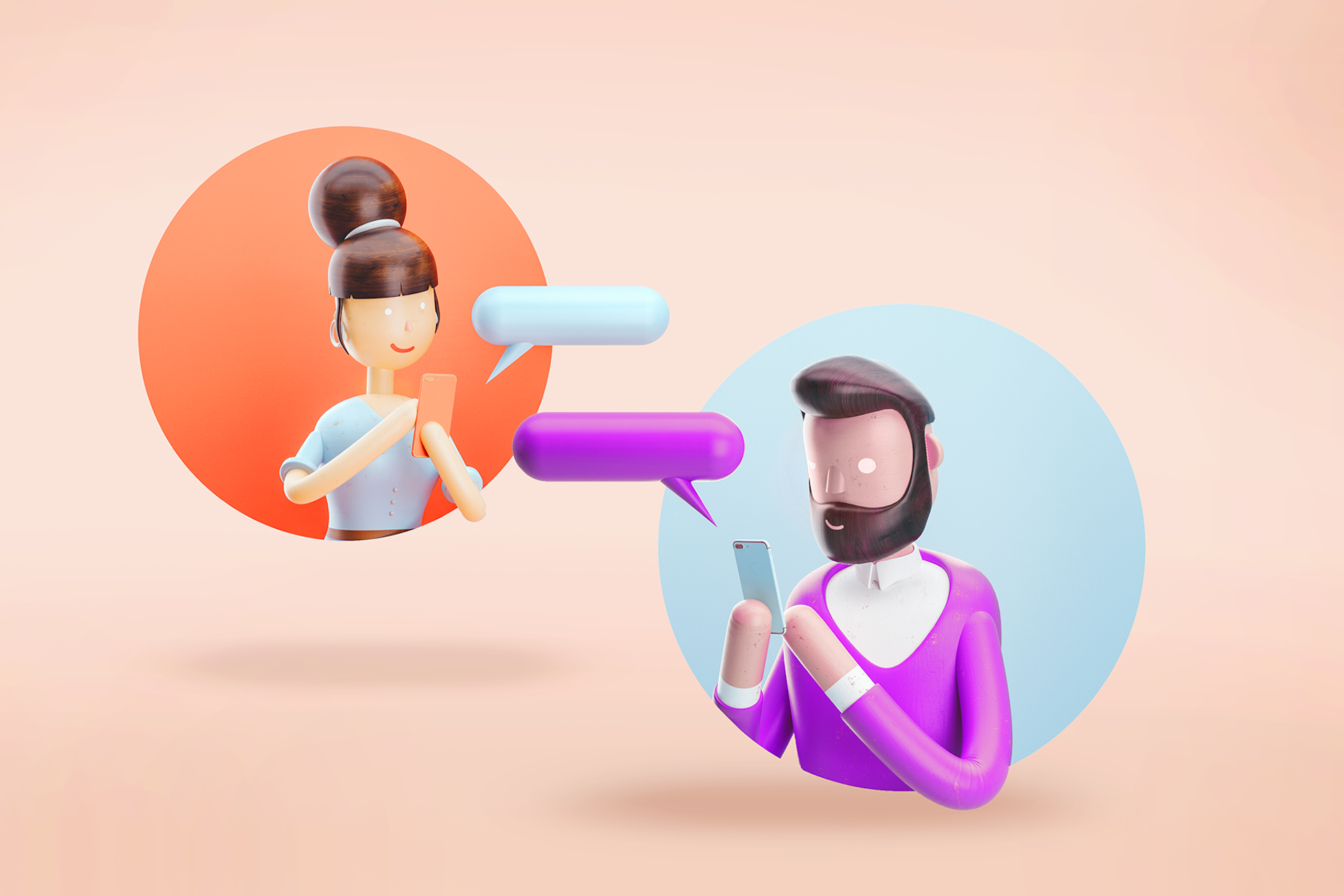 An illustration showing a man and a woman texting back and forth. The woman is on the left, inside an orange bubble, the man is on the right inside a blue bubble. They each are holding a phone with a speech bubble symbol. Word-of-mouth marketing blog post.