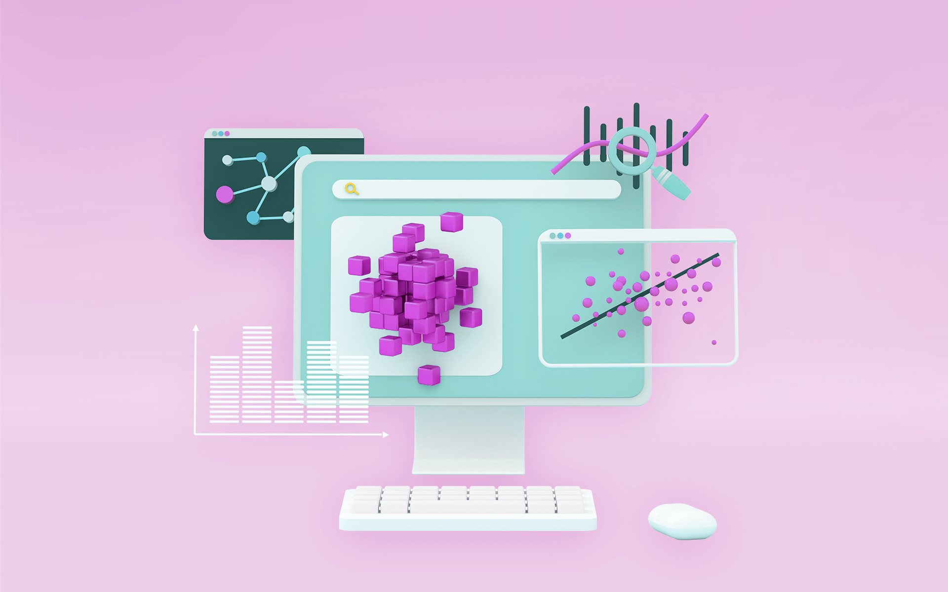 An illustration of a desktop computer displaying a variety of graphs and charts, representing Social Media Insight
